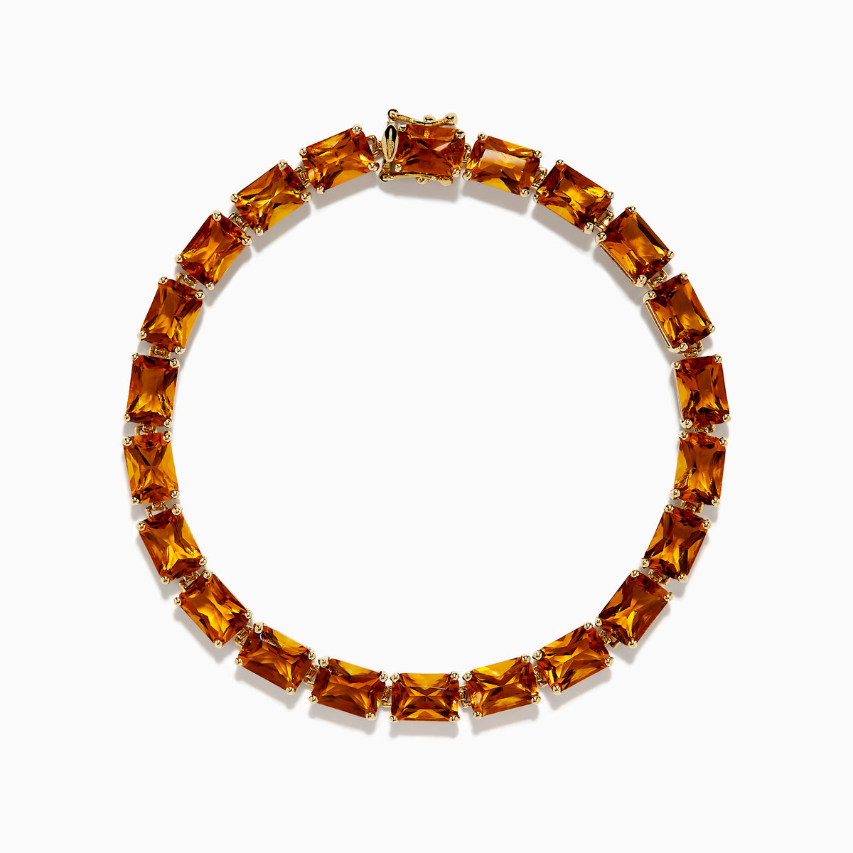 The Sunset 14K Yellow Gold Radiant Cut Citrine Tennis Bracelet showcases rectangular, faceted amber-hued gemstones in individual prong settings along a classic yellow gold chain.