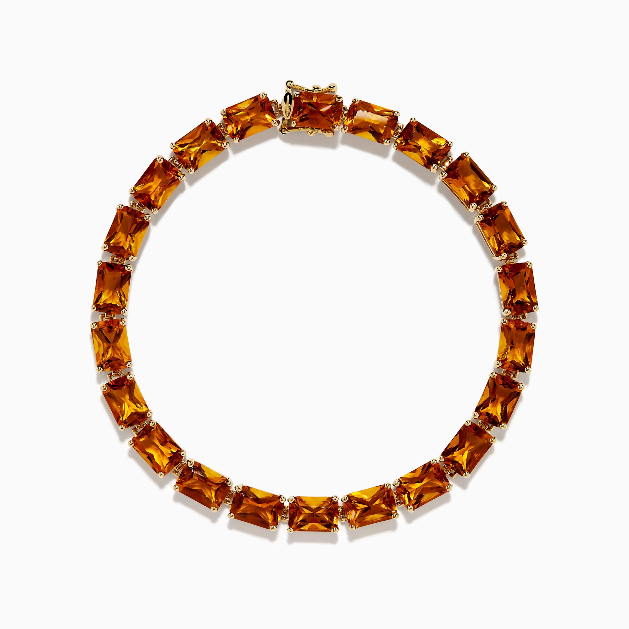 The Sunset 14K Yellow Gold Radiant Cut Citrine Tennis Bracelet showcases rectangular, faceted amber-hued gemstones in individual prong settings along a classic yellow gold chain.
