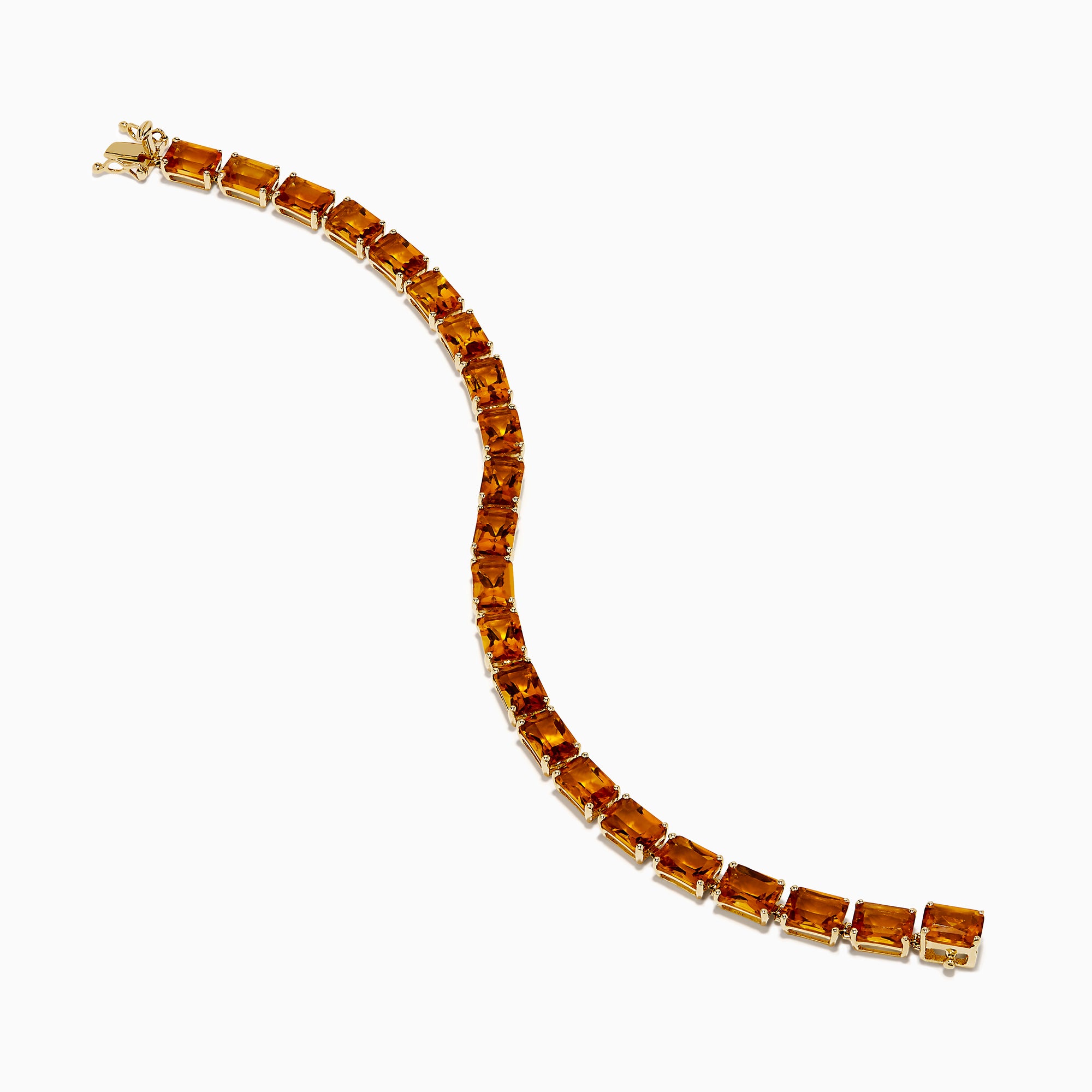 The Sunset 14K Yellow Gold Radiant Cut Citrine Tennis Bracelet showcases rectangular, faceted amber-hued gemstones in individual prong settings along a classic yellow gold chain.