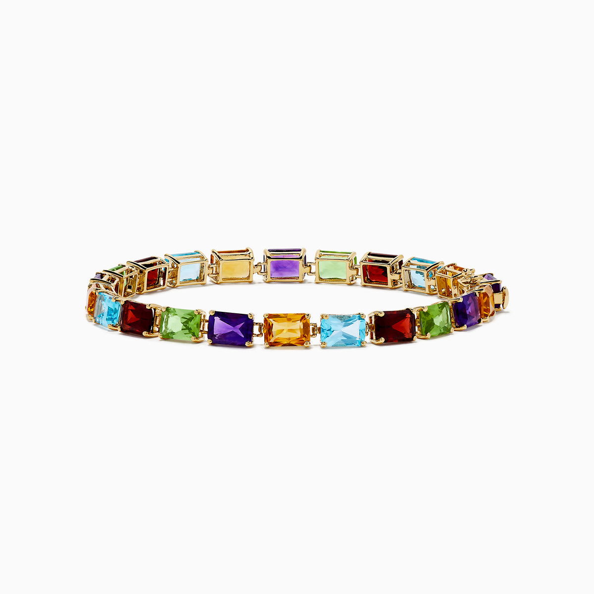 The 14K Yellow Gold Radiant Cut Multi Color Gemstone Tennis Bracelet showcases a continuous line of rectangular purple, red, blue, green, and yellow stones.