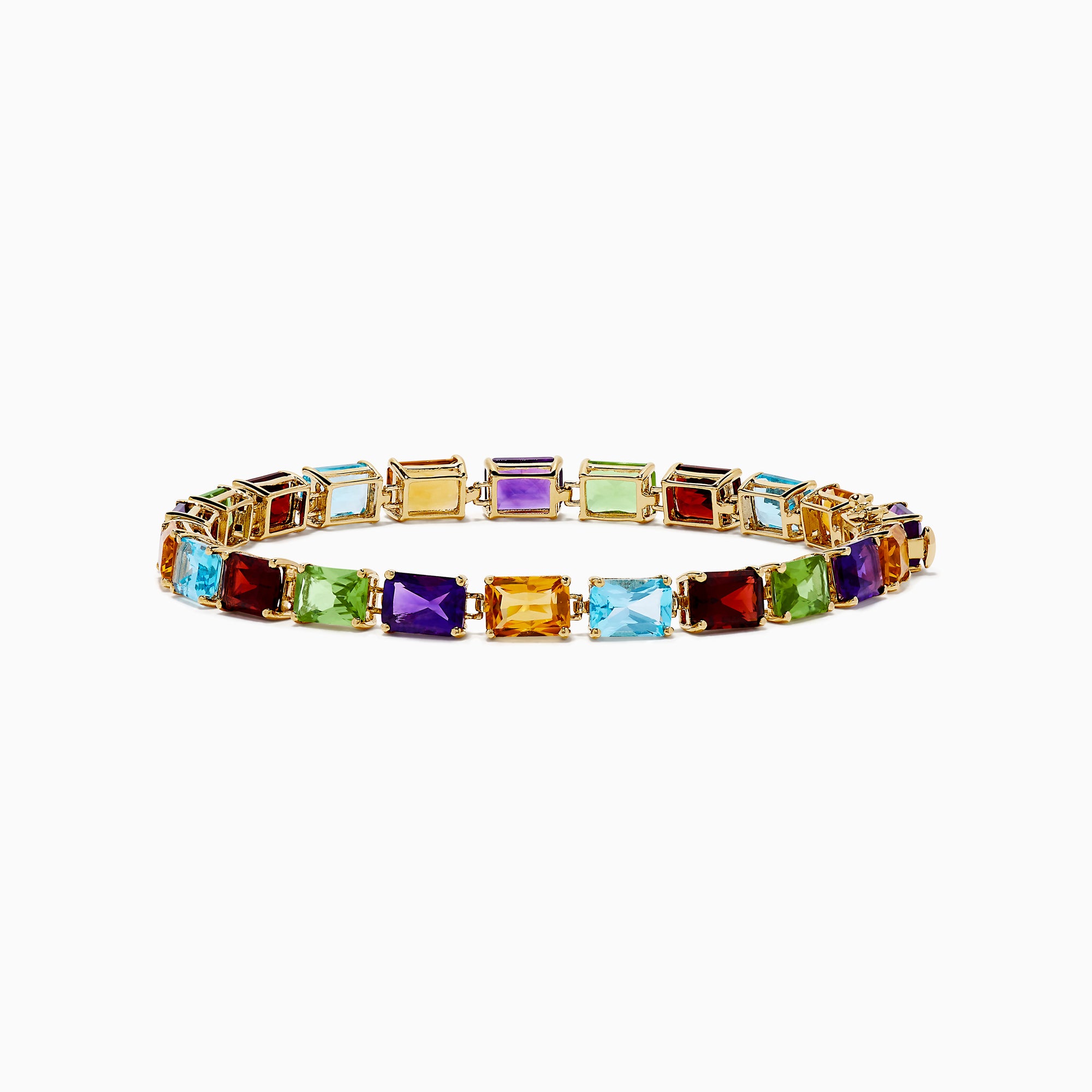 The 14K Yellow Gold Radiant Cut Multi Color Gemstone Tennis Bracelet showcases a continuous line of rectangular purple, red, blue, green, and yellow stones.