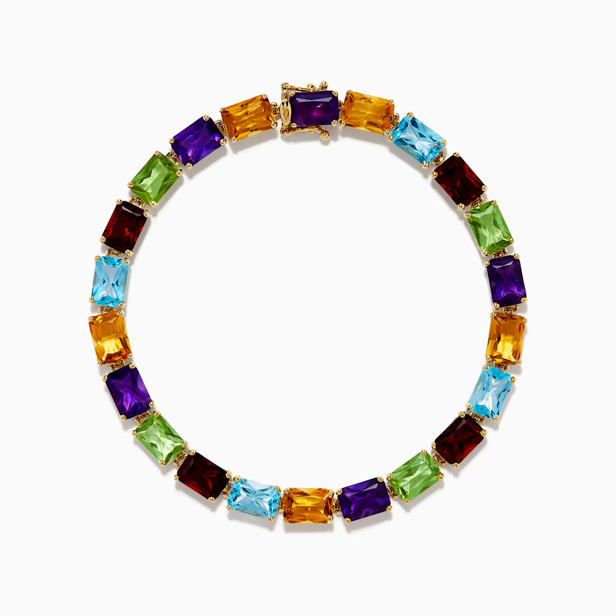 The 14K Yellow Gold Radiant Cut Multi Color Gemstone Tennis Bracelet showcases a continuous line of rectangular purple, red, blue, green, and yellow stones.