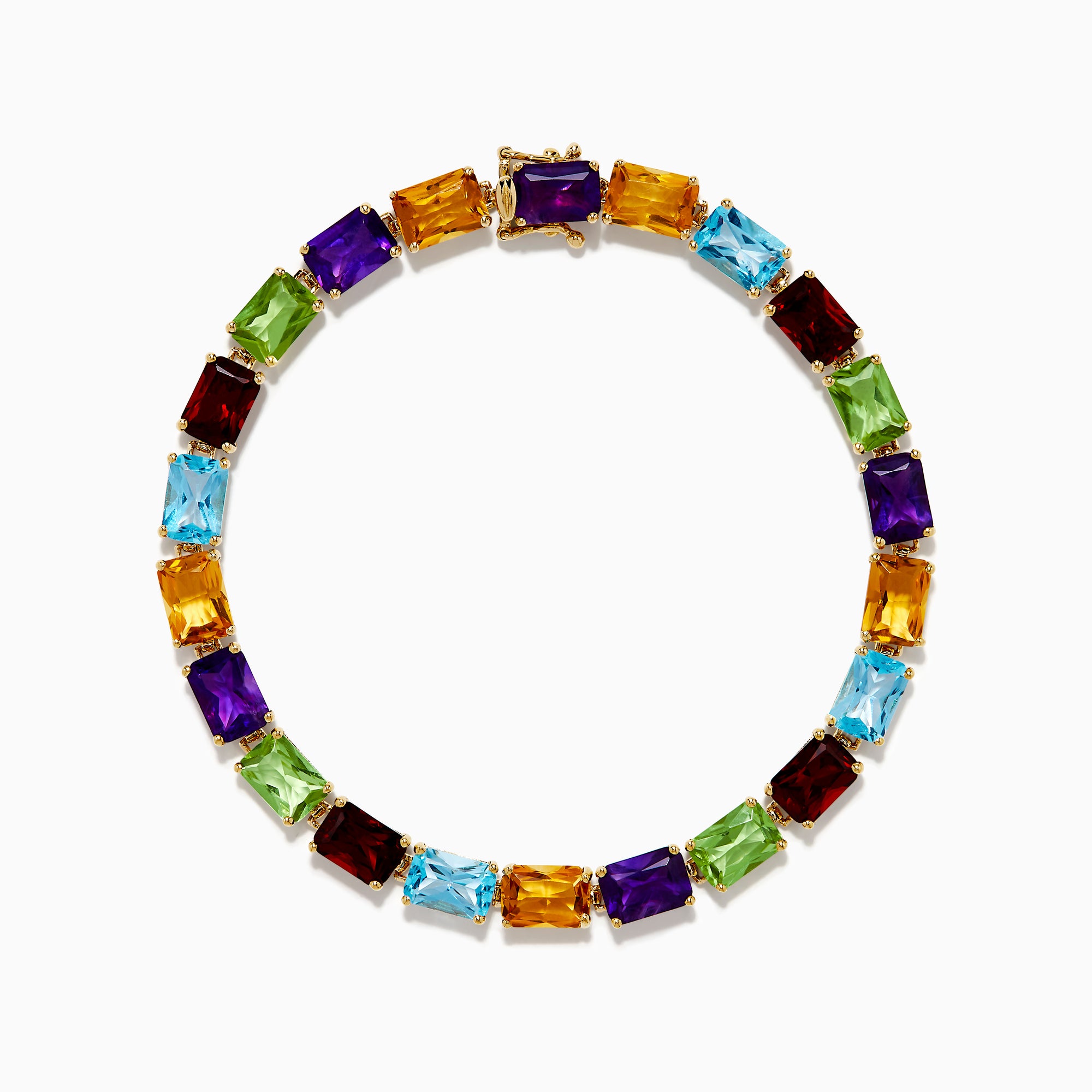 The 14K Yellow Gold Radiant Cut Multi Color Gemstone Tennis Bracelet showcases a continuous line of rectangular purple, red, blue, green, and yellow stones.