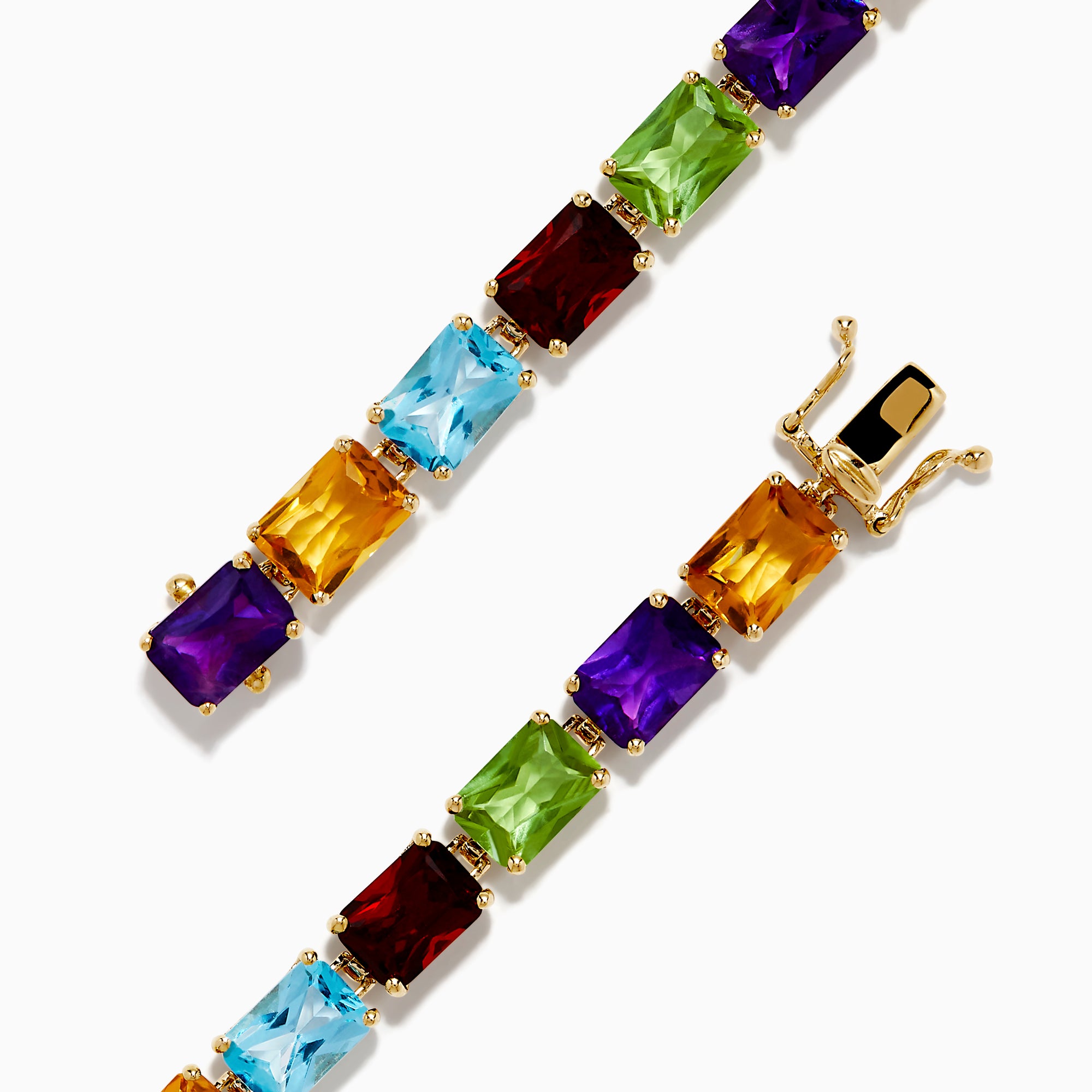 The 14K Yellow Gold Radiant Cut Multi Color Gemstone Tennis Bracelet showcases a continuous line of rectangular purple, red, blue, green, and yellow stones.