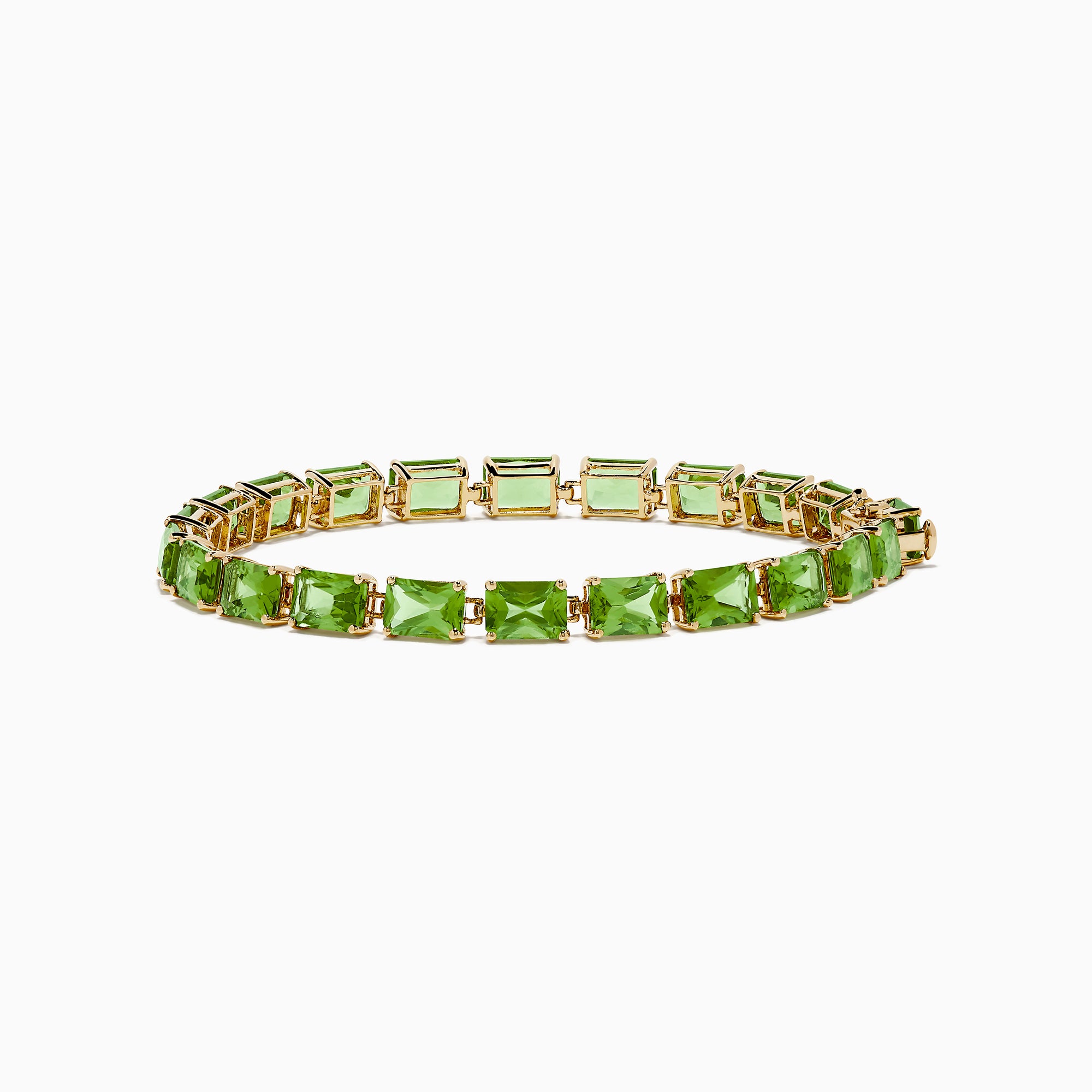 The 14K Yellow Gold Radiant Cut Peridot Tennis Bracelet features rectangular green peridot gemstones evenly spaced and connected, displayed on a white background.