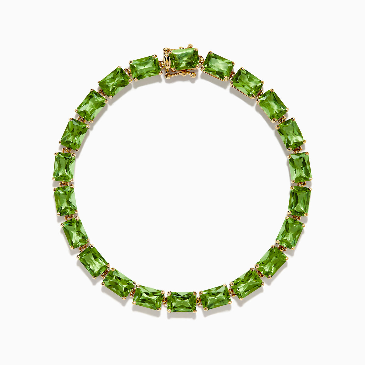 The 14K Yellow Gold Radiant Cut Peridot Tennis Bracelet features rectangular green peridot gemstones evenly spaced and connected, displayed on a white background.