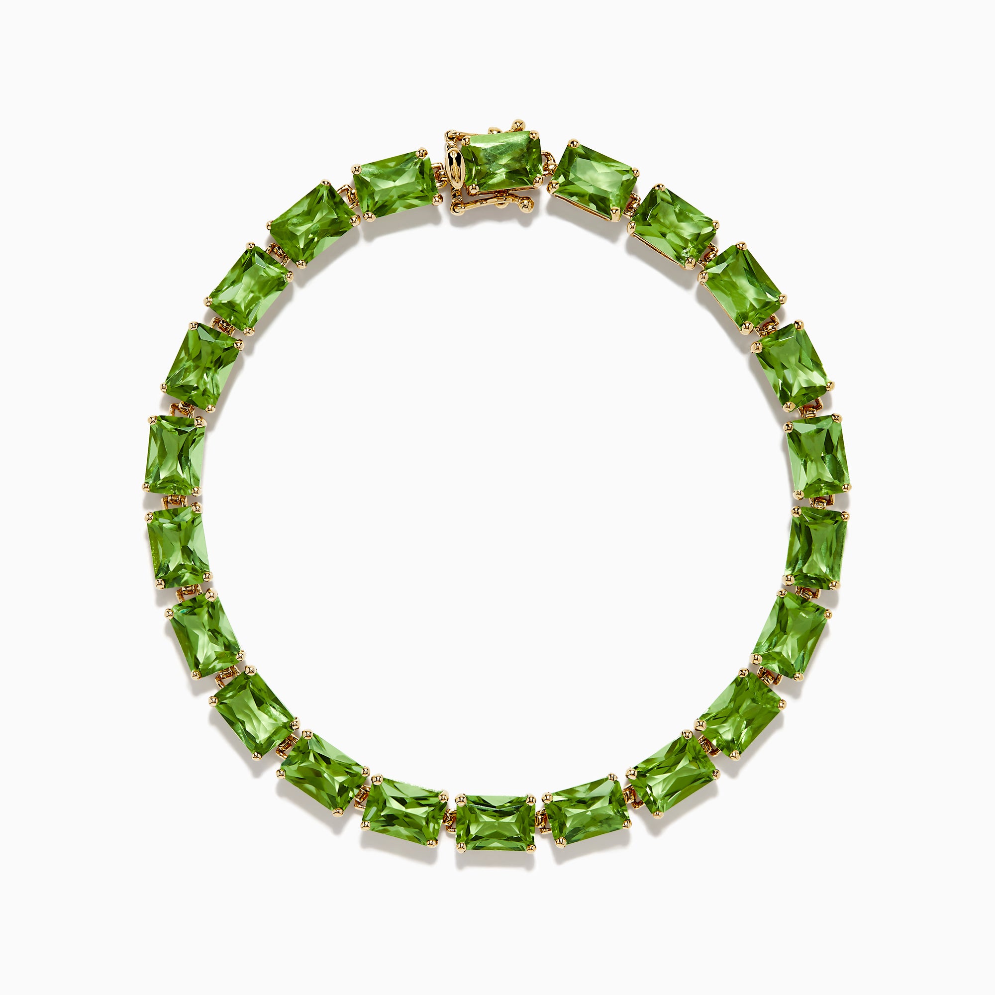 The 14K Yellow Gold Radiant Cut Peridot Tennis Bracelet features rectangular green peridot gemstones evenly spaced and connected, displayed on a white background.