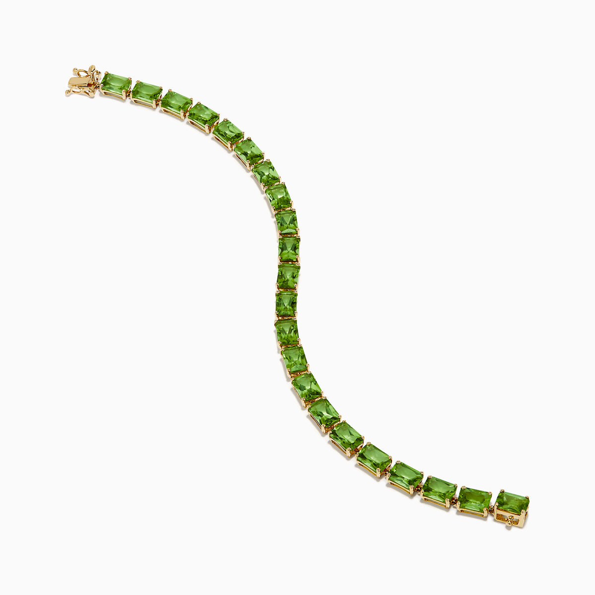 The 14K Yellow Gold Radiant Cut Peridot Tennis Bracelet features rectangular green peridot gemstones evenly spaced and connected, displayed on a white background.