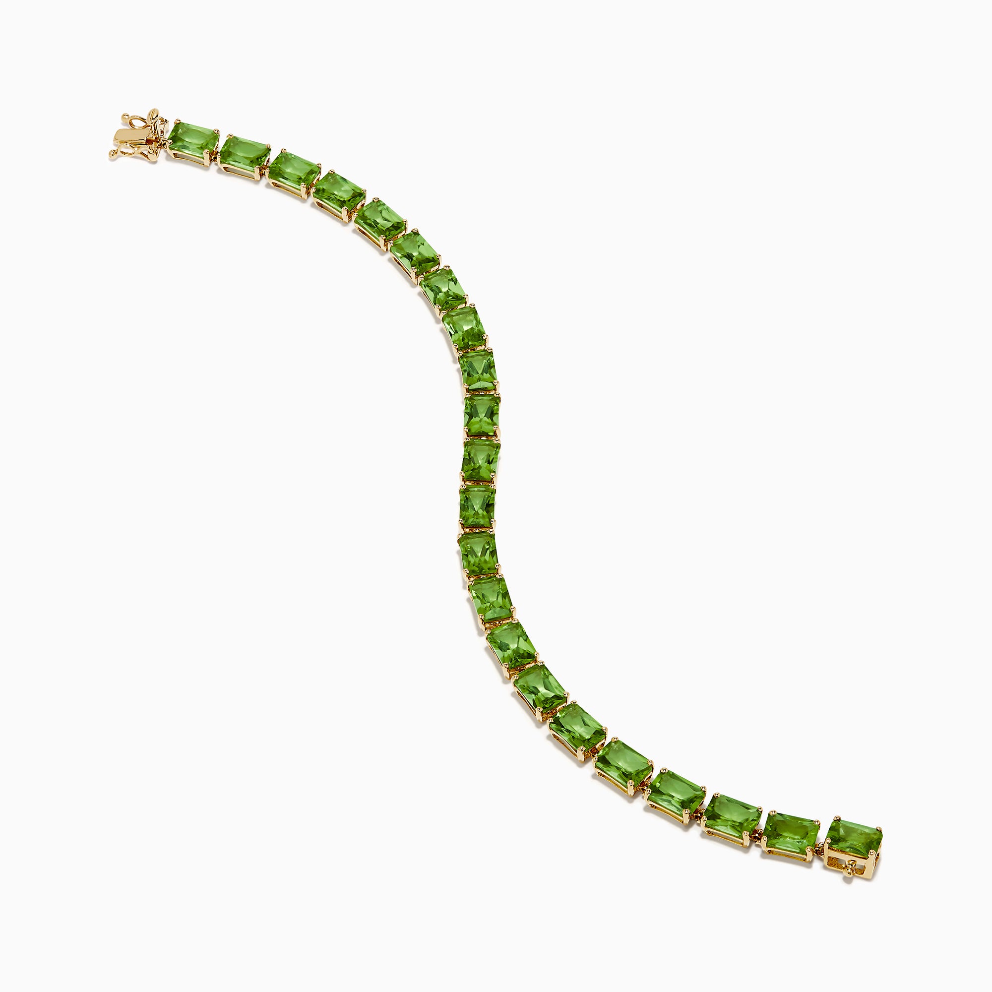 The 14K Yellow Gold Radiant Cut Peridot Tennis Bracelet features rectangular green peridot gemstones evenly spaced and connected, displayed on a white background.