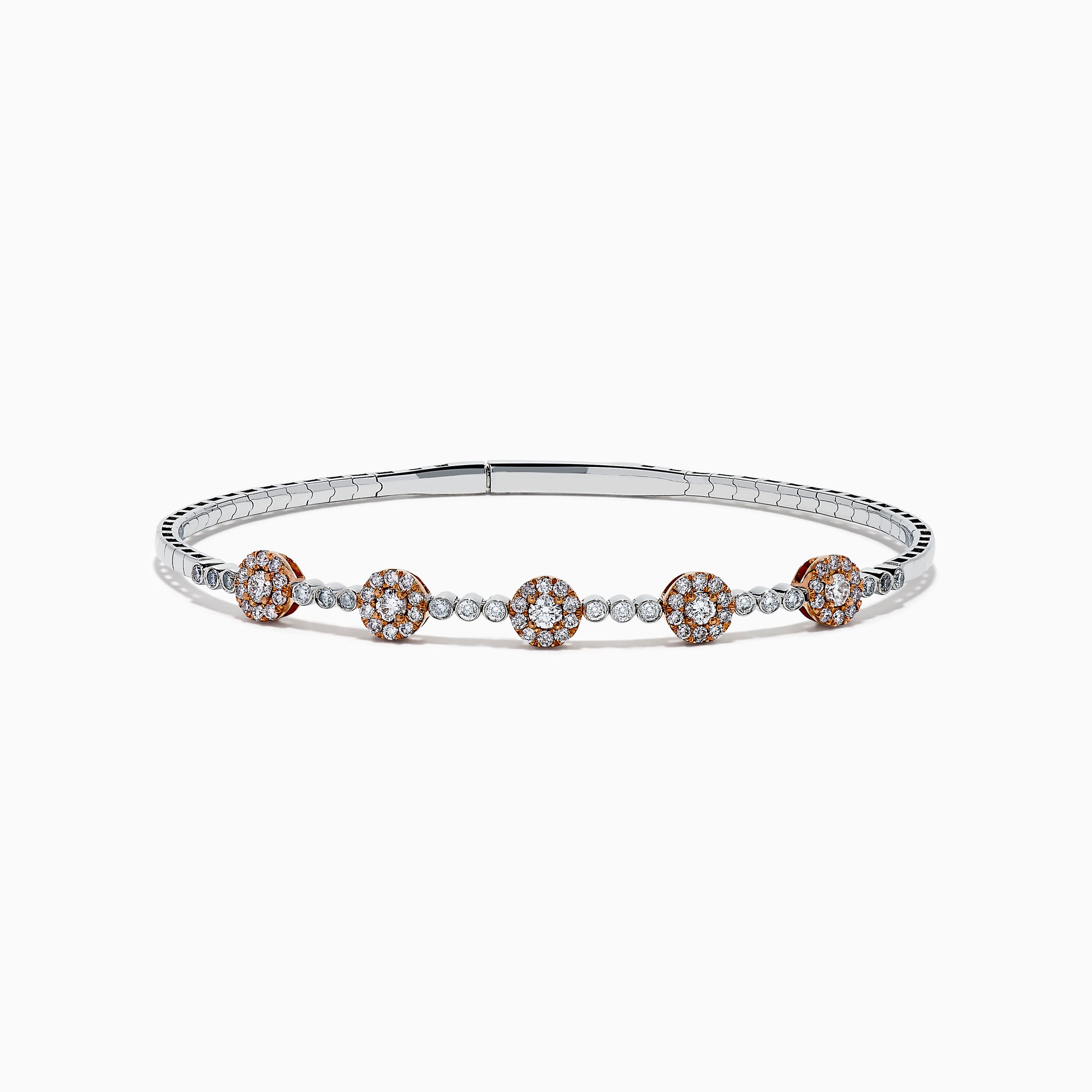 The 14K Two-Tone Gold Pink and White Diamond Flexible Bangle features round pink and white diamond clusters linked on a slender, polished band—a modern, refined update on the classic diamond bangle.