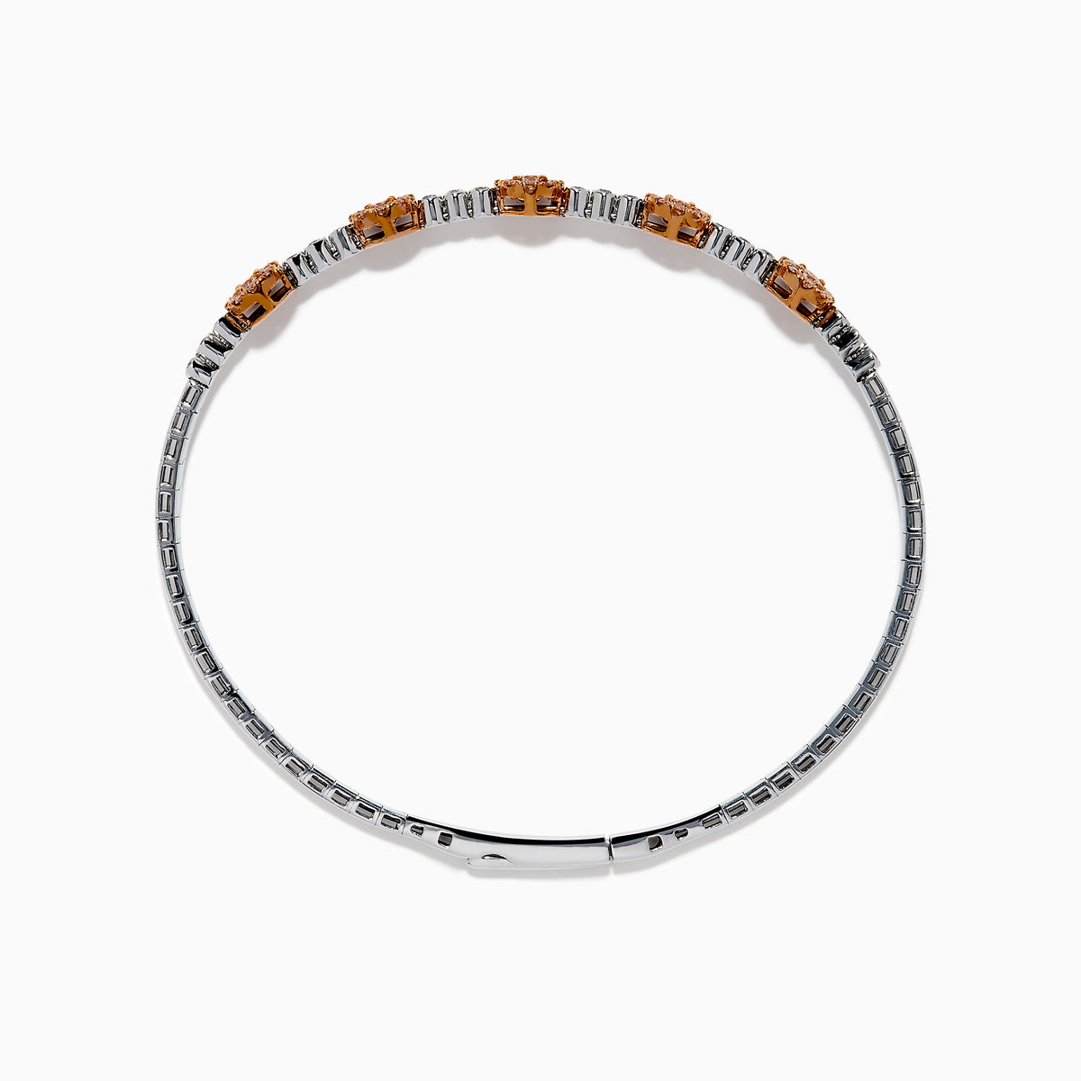 The 14K Two-Tone Gold Pink and White Diamond Flexible Bangle features round pink and white diamond clusters linked on a slender, polished band—a modern, refined update on the classic diamond bangle.