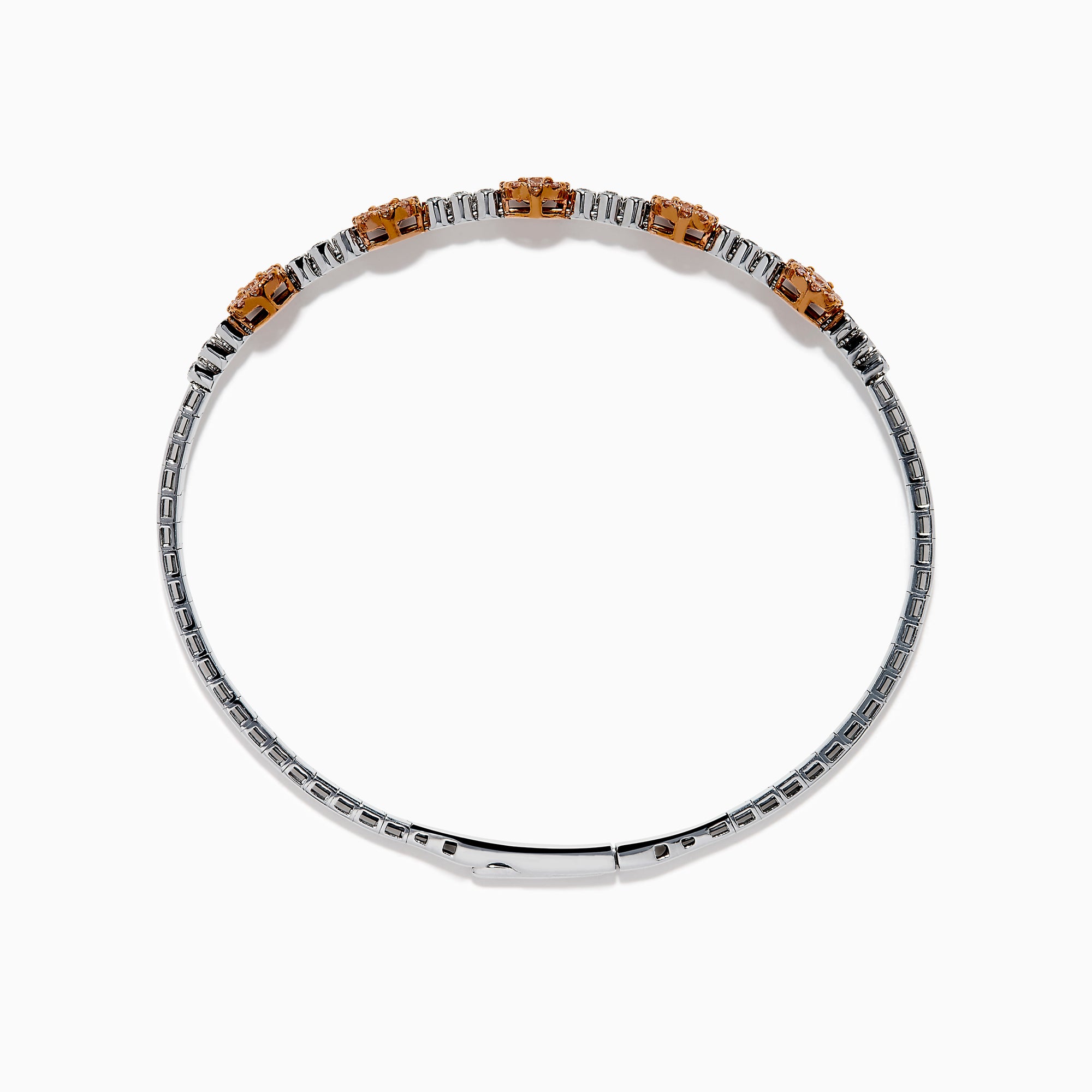The 14K Two-Tone Gold Pink and White Diamond Flexible Bangle features round pink and white diamond clusters linked on a slender, polished band—a modern, refined update on the classic diamond bangle.