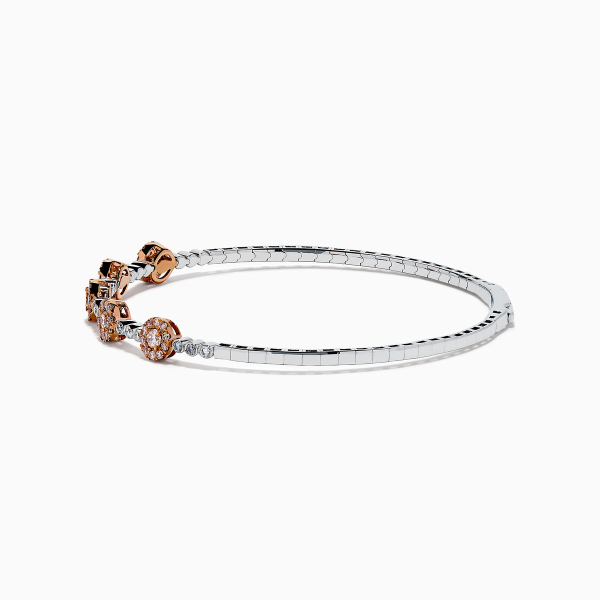 The 14K Two-Tone Gold Pink and White Diamond Flexible Bangle features round pink and white diamond clusters linked on a slender, polished band—a modern, refined update on the classic diamond bangle.