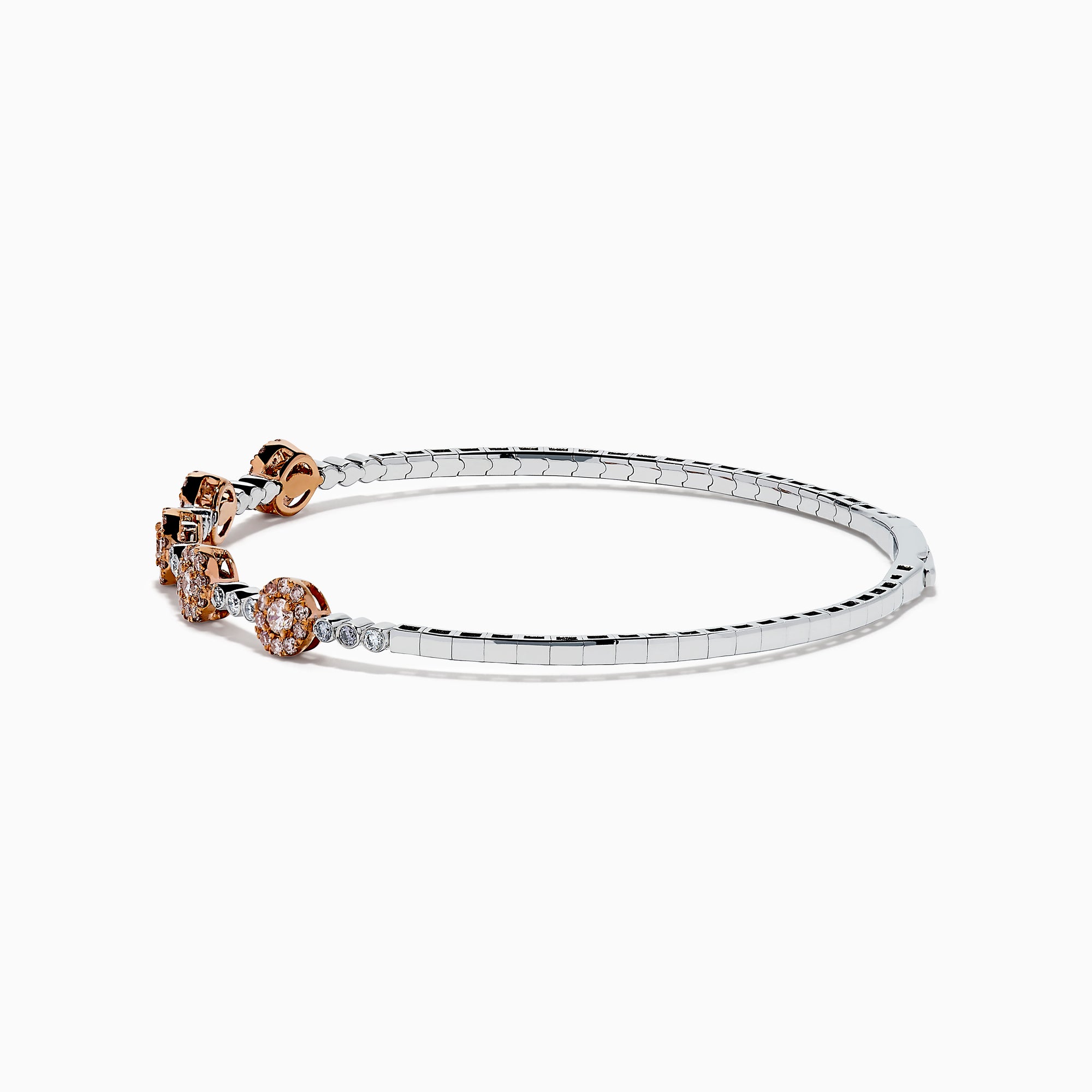 The 14K Two-Tone Gold Pink and White Diamond Flexible Bangle features round pink and white diamond clusters linked on a slender, polished band—a modern, refined update on the classic diamond bangle.