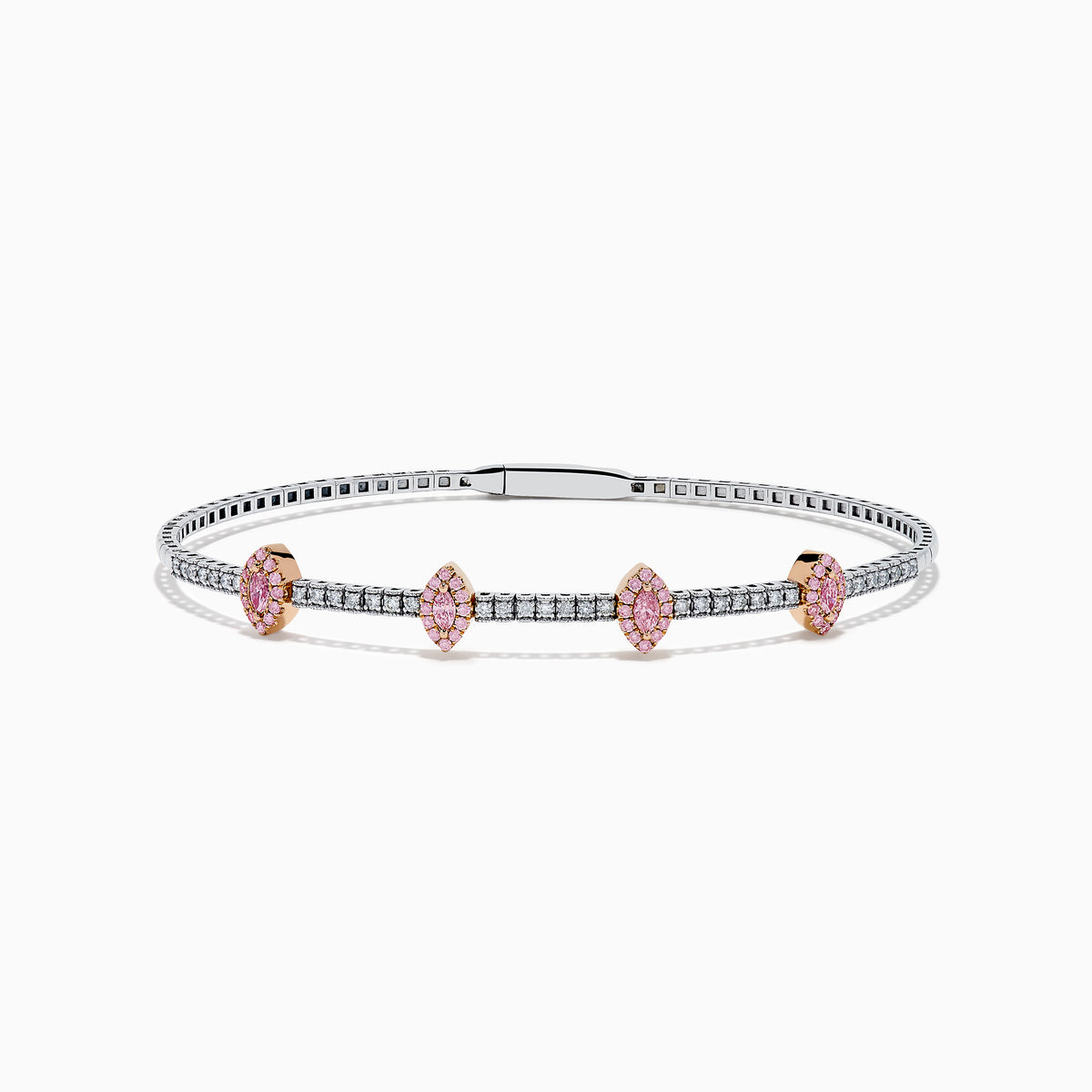 The 14K Two-Tone Gold Pink and White Diamond Bangle features a delicate band with pink and white diamonds, including five marquise-shaped pink diamond clusters set in rose gold.