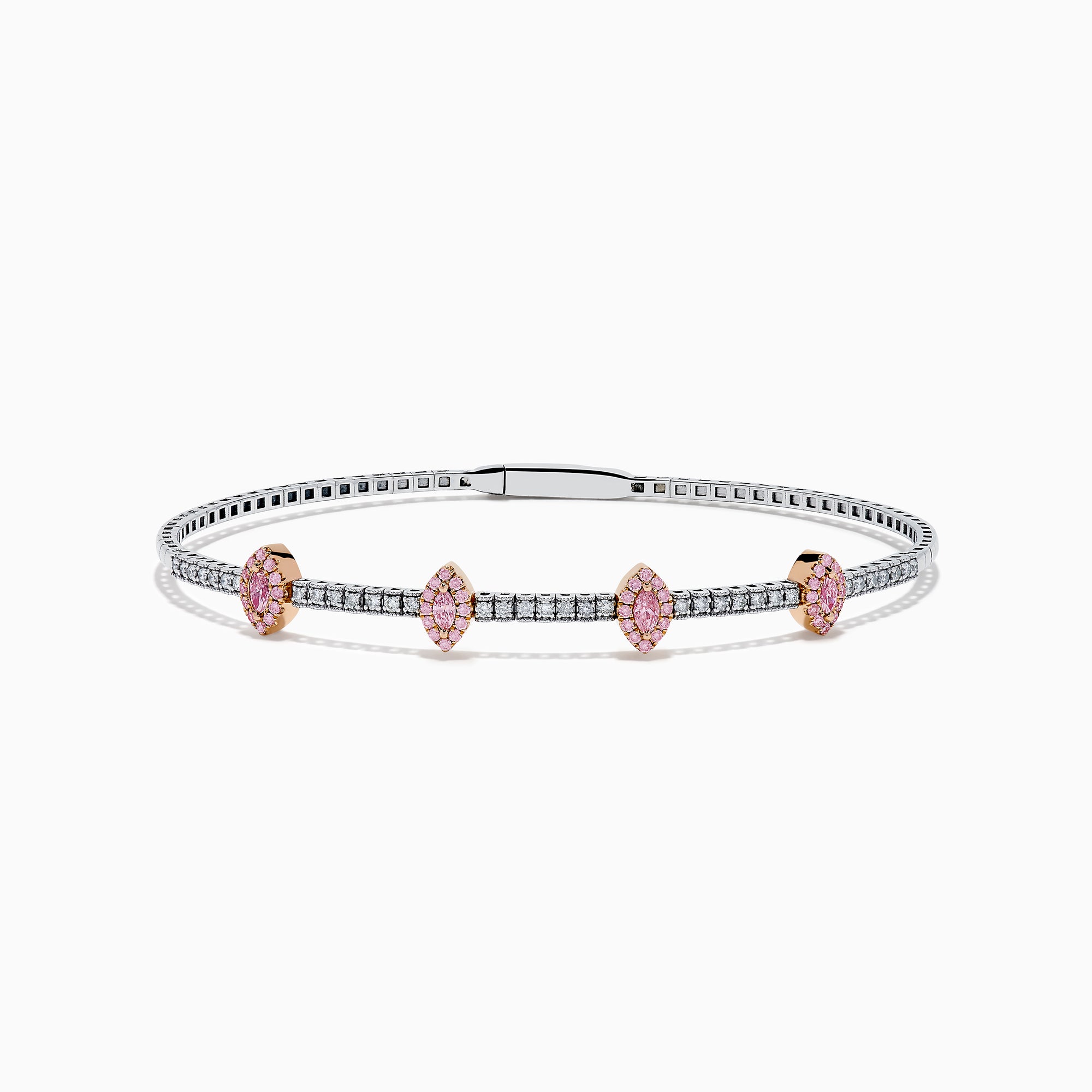 The 14K Two-Tone Gold Pink and White Diamond Bangle features a delicate band with pink and white diamonds, including five marquise-shaped pink diamond clusters set in rose gold.