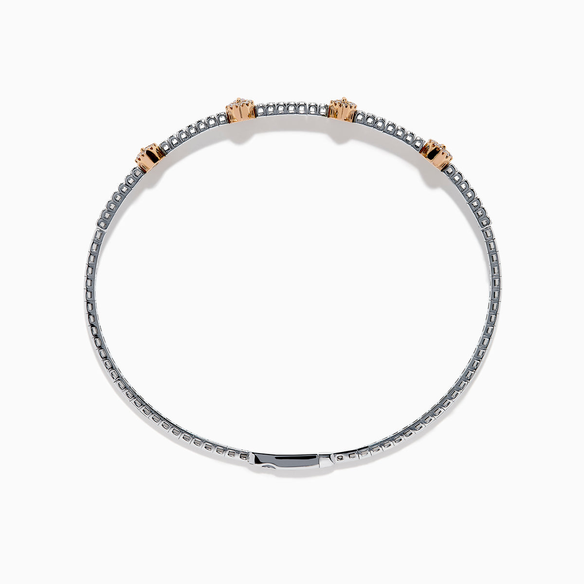 The 14K Two-Tone Gold Pink and White Diamond Bangle features a delicate band with pink and white diamonds, including five marquise-shaped pink diamond clusters set in rose gold.