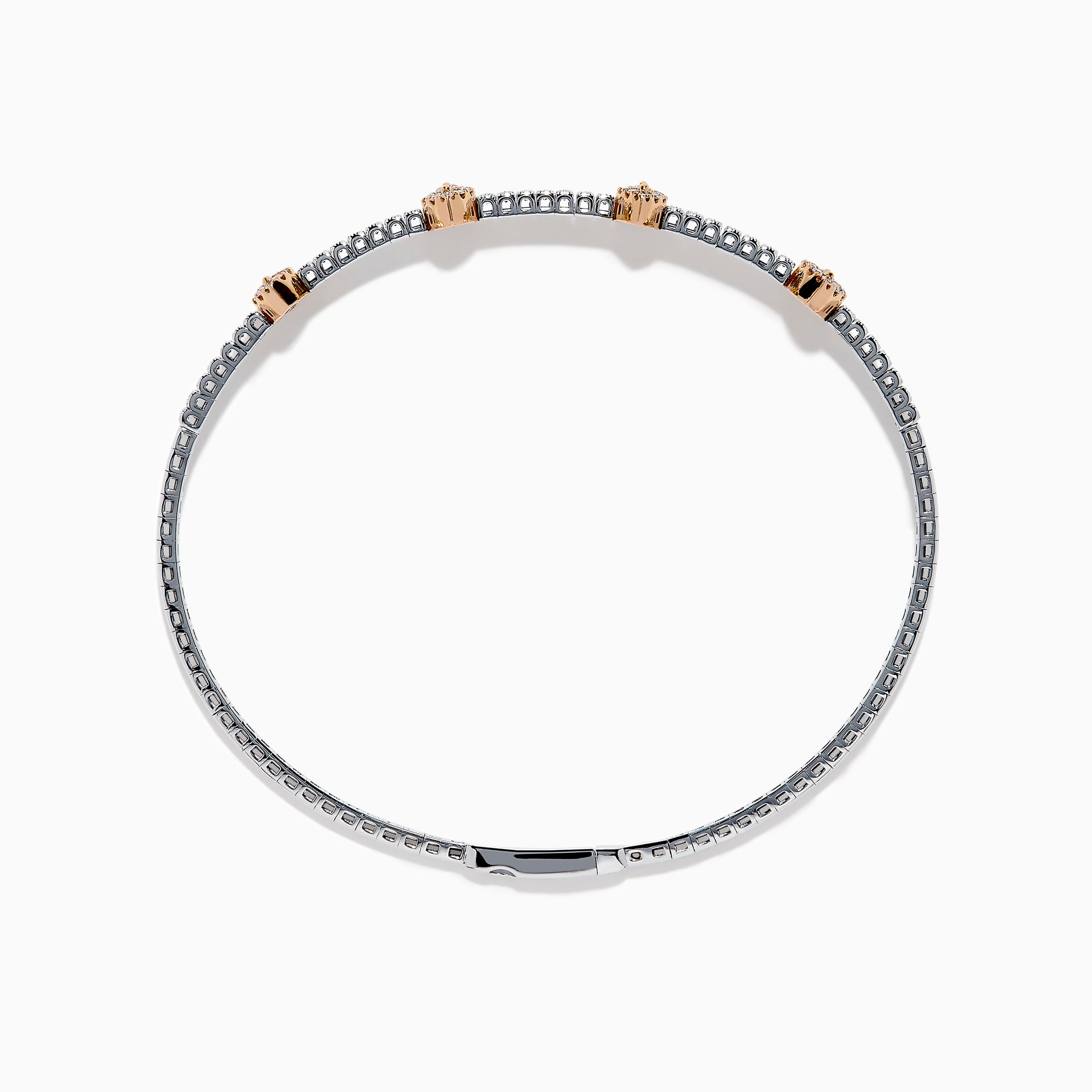 The 14K Two-Tone Gold Pink and White Diamond Bangle features a delicate band with pink and white diamonds, including five marquise-shaped pink diamond clusters set in rose gold.