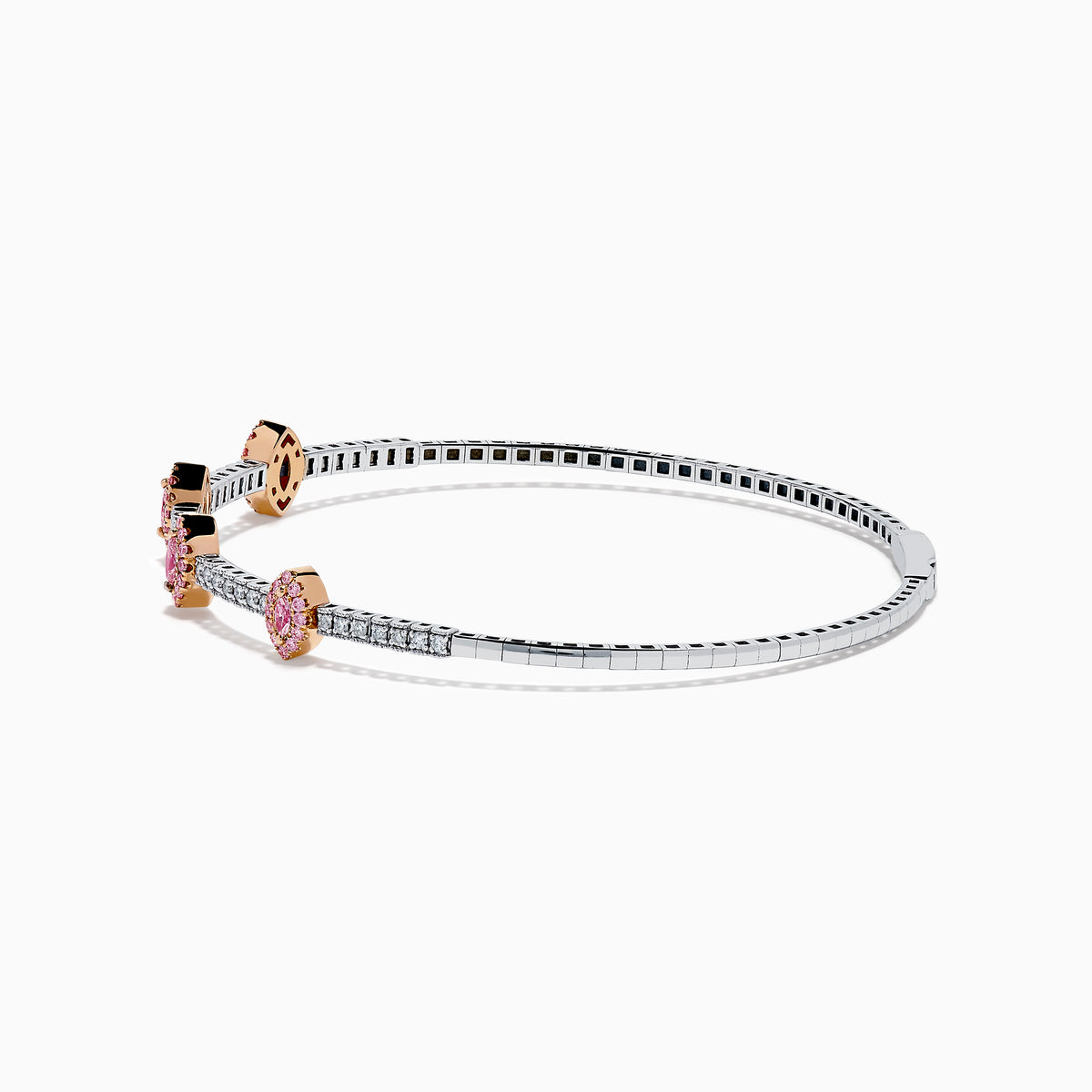 The 14K Two-Tone Gold Pink and White Diamond Bangle features a delicate band with pink and white diamonds, including five marquise-shaped pink diamond clusters set in rose gold.