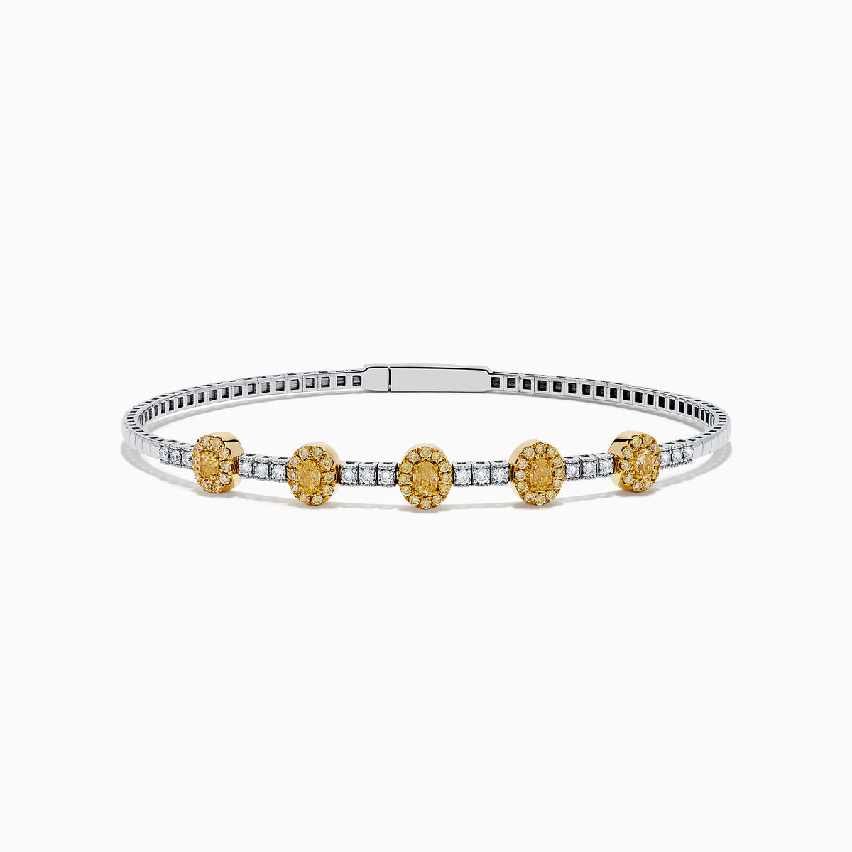 The Canare Platinum and 18K Yellow Gold Yellow and White Diamond Bangle features five oval yellow gold accents, each set with yellow diamonds, spaced along clear square-cut white diamonds for a sleek, elegant look.