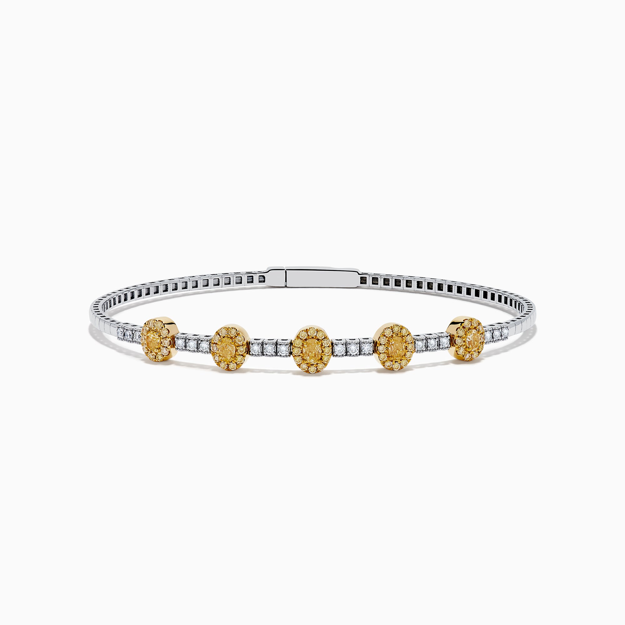 The Canare Platinum and 18K Yellow Gold Yellow and White Diamond Bangle features five oval yellow gold accents, each set with yellow diamonds, spaced along clear square-cut white diamonds for a sleek, elegant look.