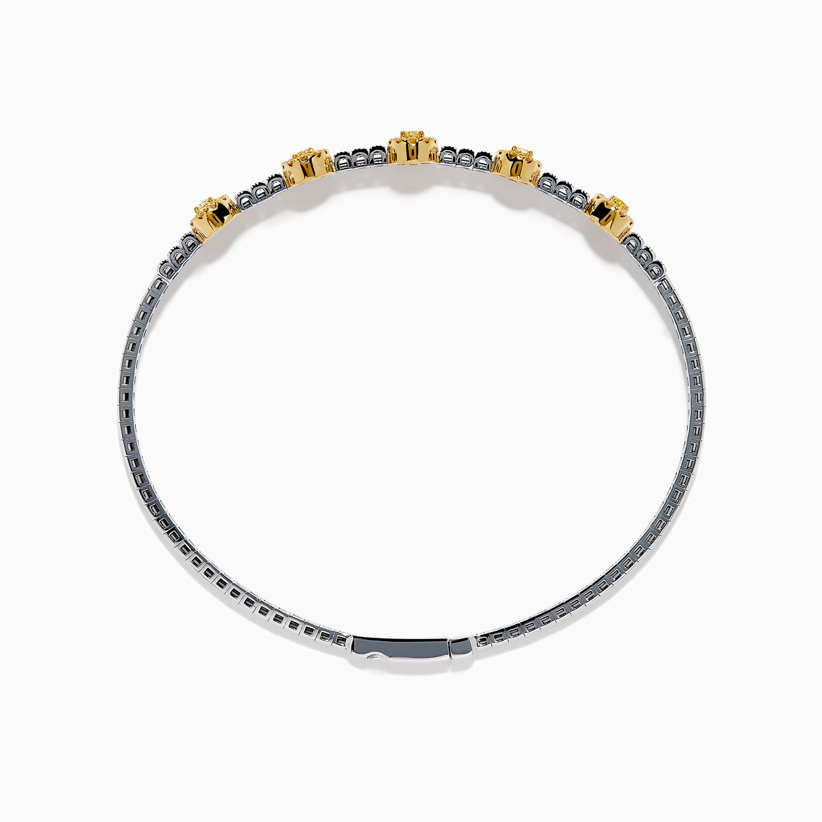 The Canare Platinum and 18K Yellow Gold Yellow and White Diamond Bangle features five oval yellow gold accents, each set with yellow diamonds, spaced along clear square-cut white diamonds for a sleek, elegant look.