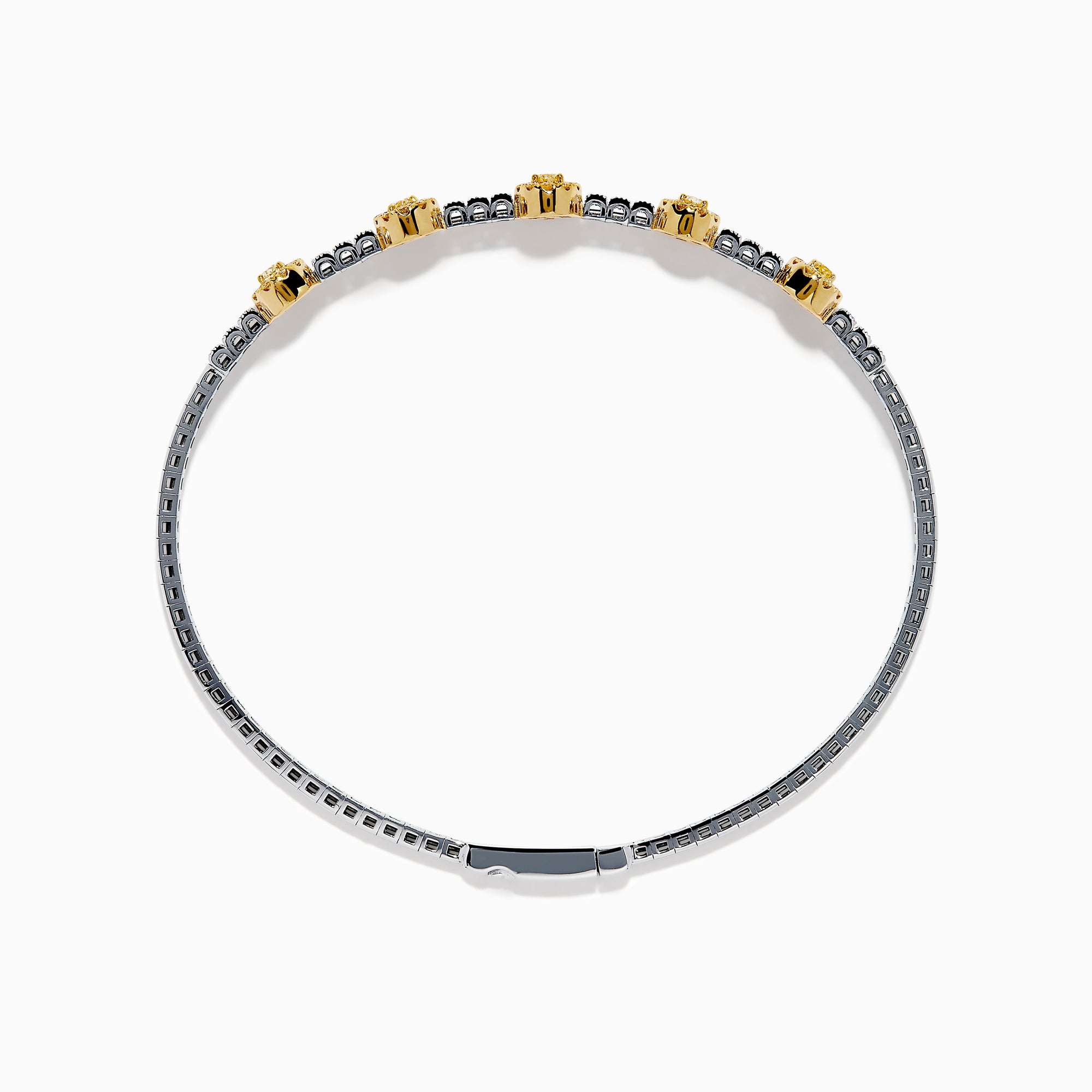 The Canare Platinum and 18K Yellow Gold Yellow and White Diamond Bangle features five oval yellow gold accents, each set with yellow diamonds, spaced along clear square-cut white diamonds for a sleek, elegant look.