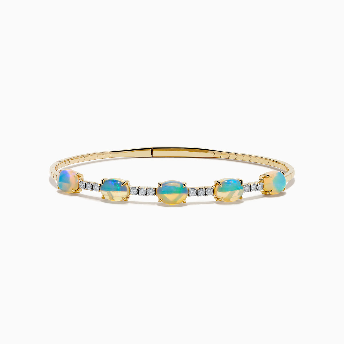 The Aurora 14K Yellow Gold Opal and Diamond Bangle features five square opals in a row, accented with small white diamonds between each stone, shown on a white background.