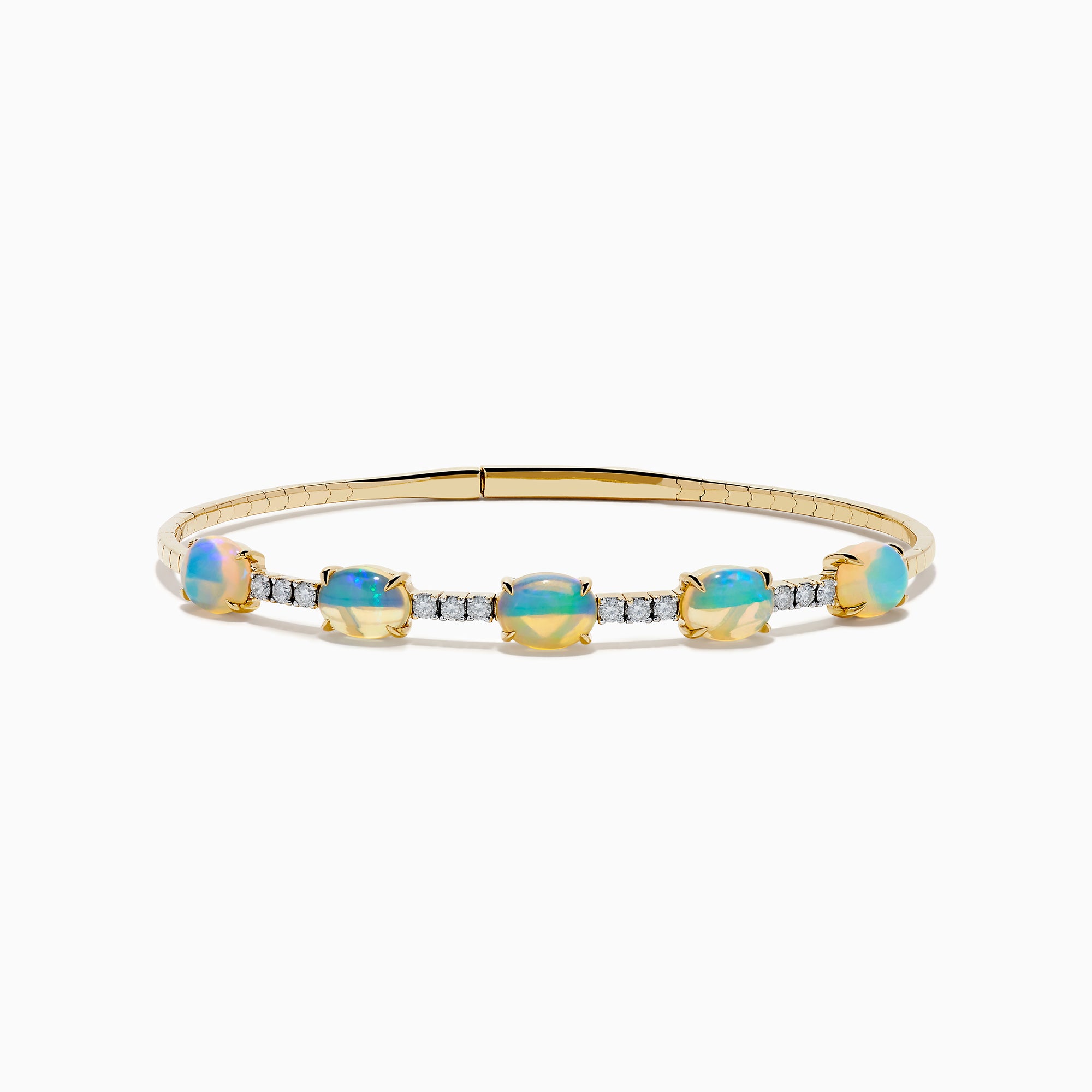 The Aurora 14K Yellow Gold Opal and Diamond Bangle features five square opals in a row, accented with small white diamonds between each stone, shown on a white background.