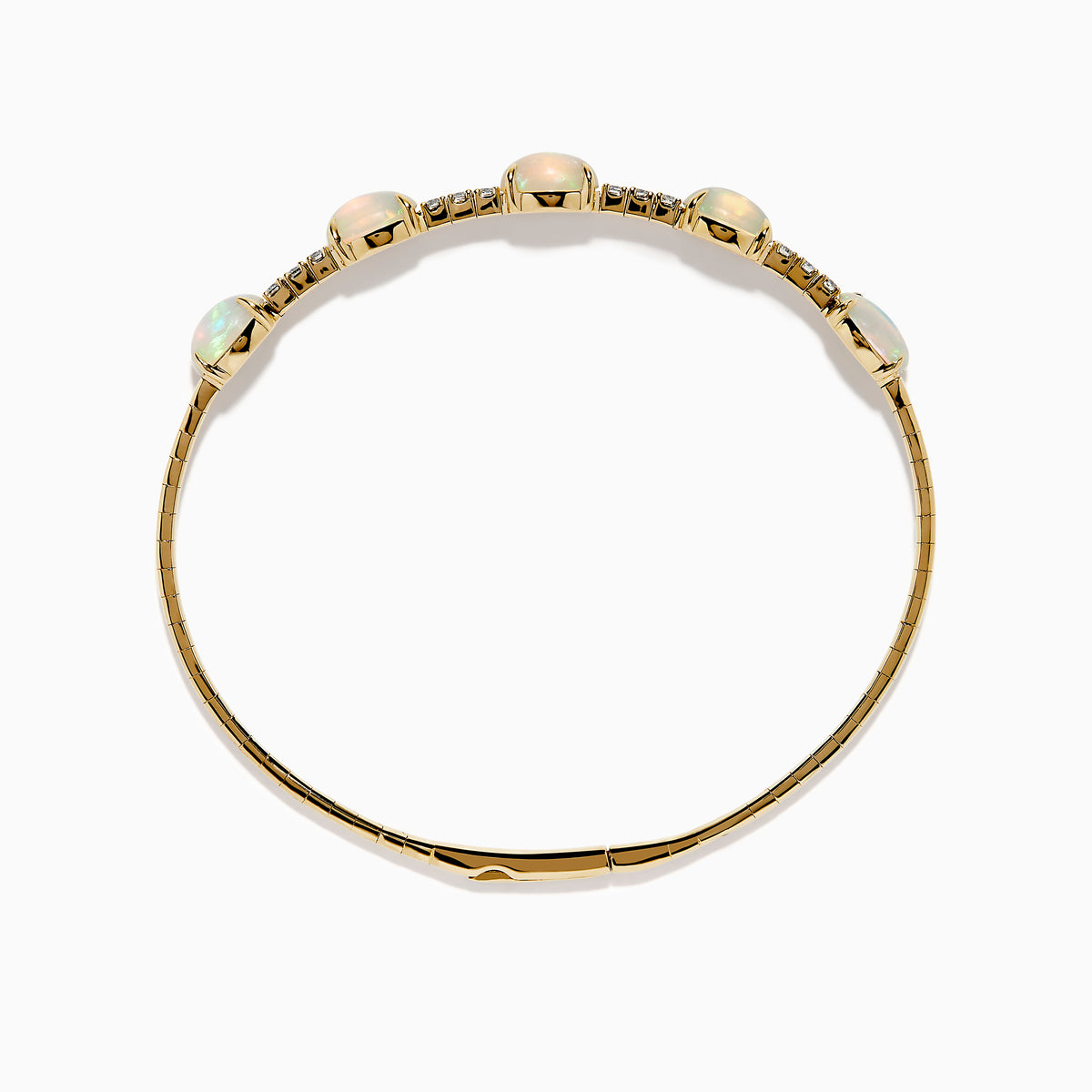 The Aurora 14K Yellow Gold Opal and Diamond Bangle features five square opals in a row, accented with small white diamonds between each stone, shown on a white background.