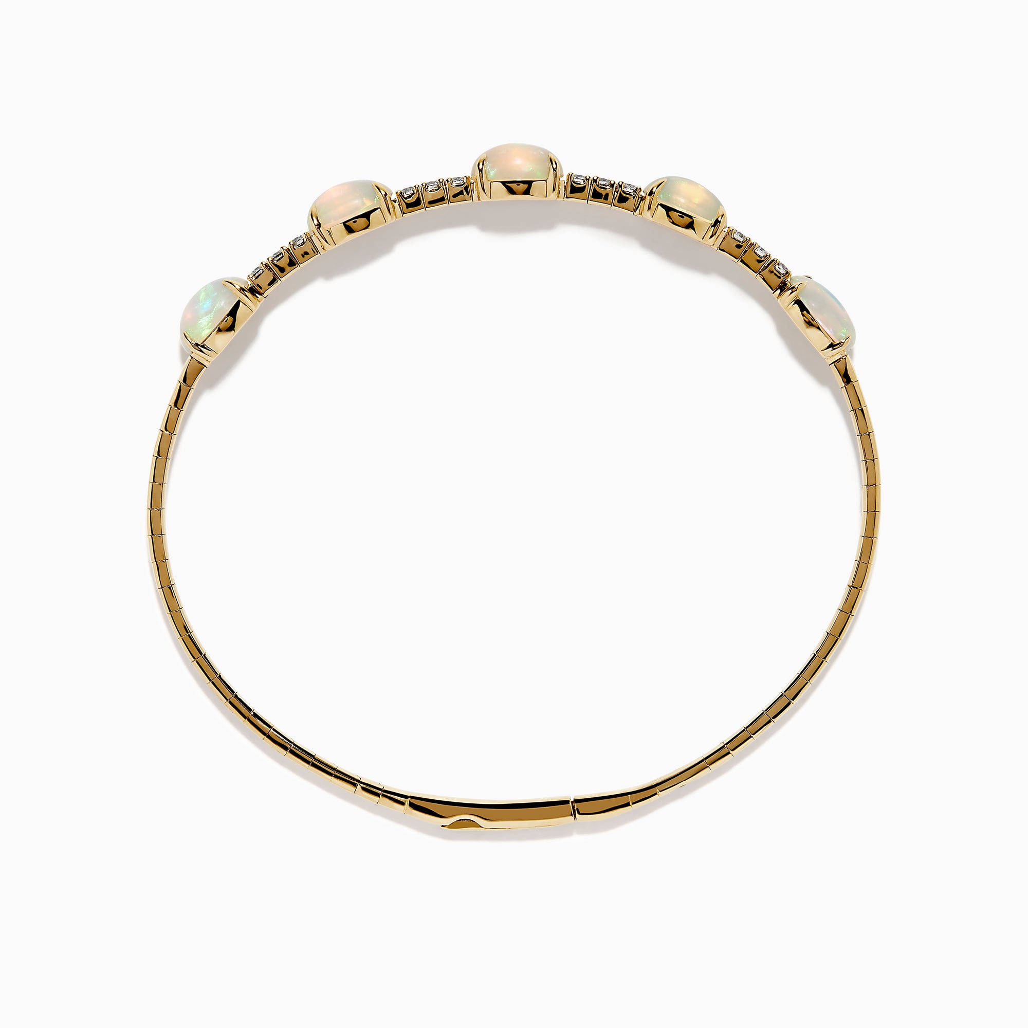 The Aurora 14K Yellow Gold Opal and Diamond Bangle features five square opals in a row, accented with small white diamonds between each stone, shown on a white background.