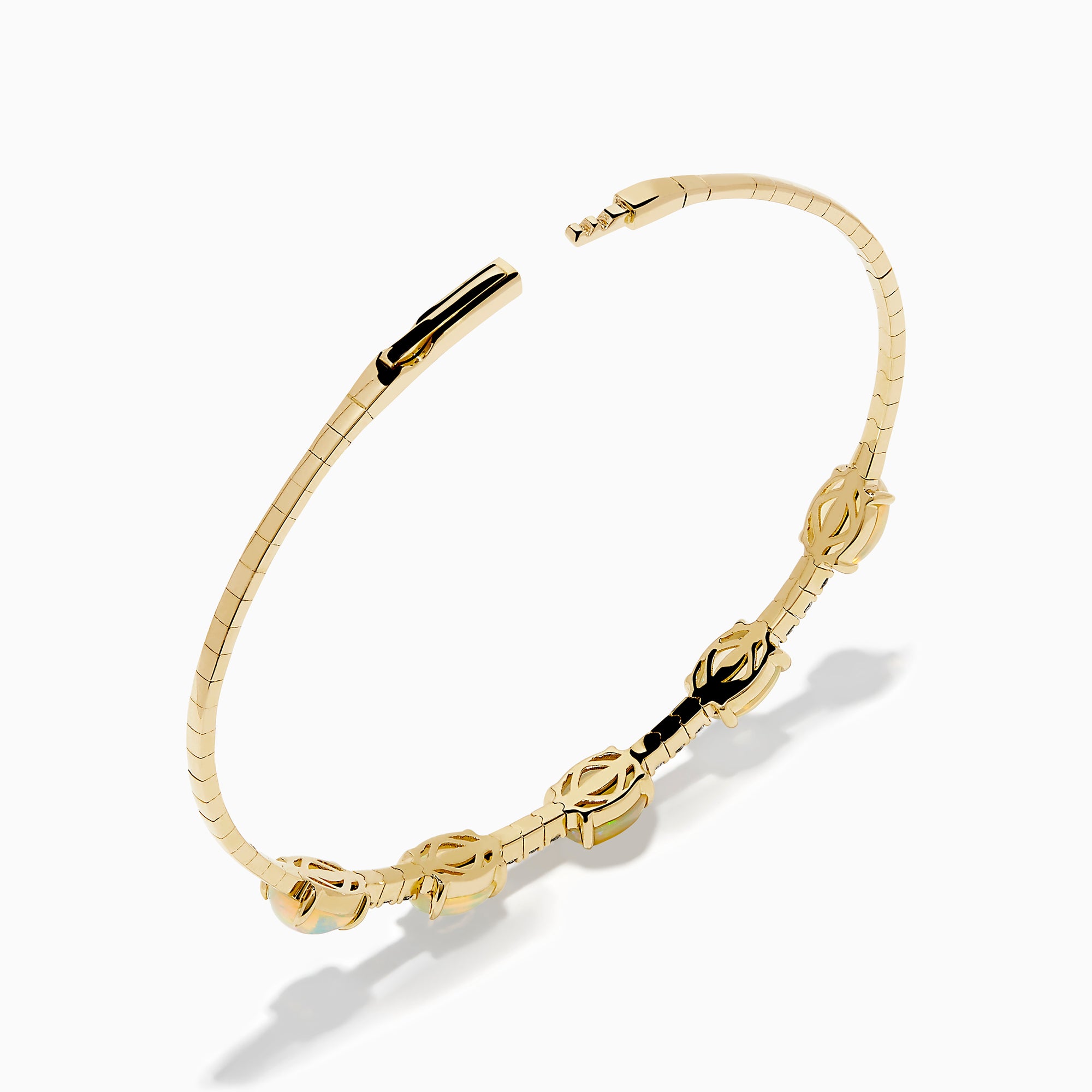 The Aurora 14K Yellow Gold Opal and Diamond Bangle features five square opals in a row, accented with small white diamonds between each stone, shown on a white background.