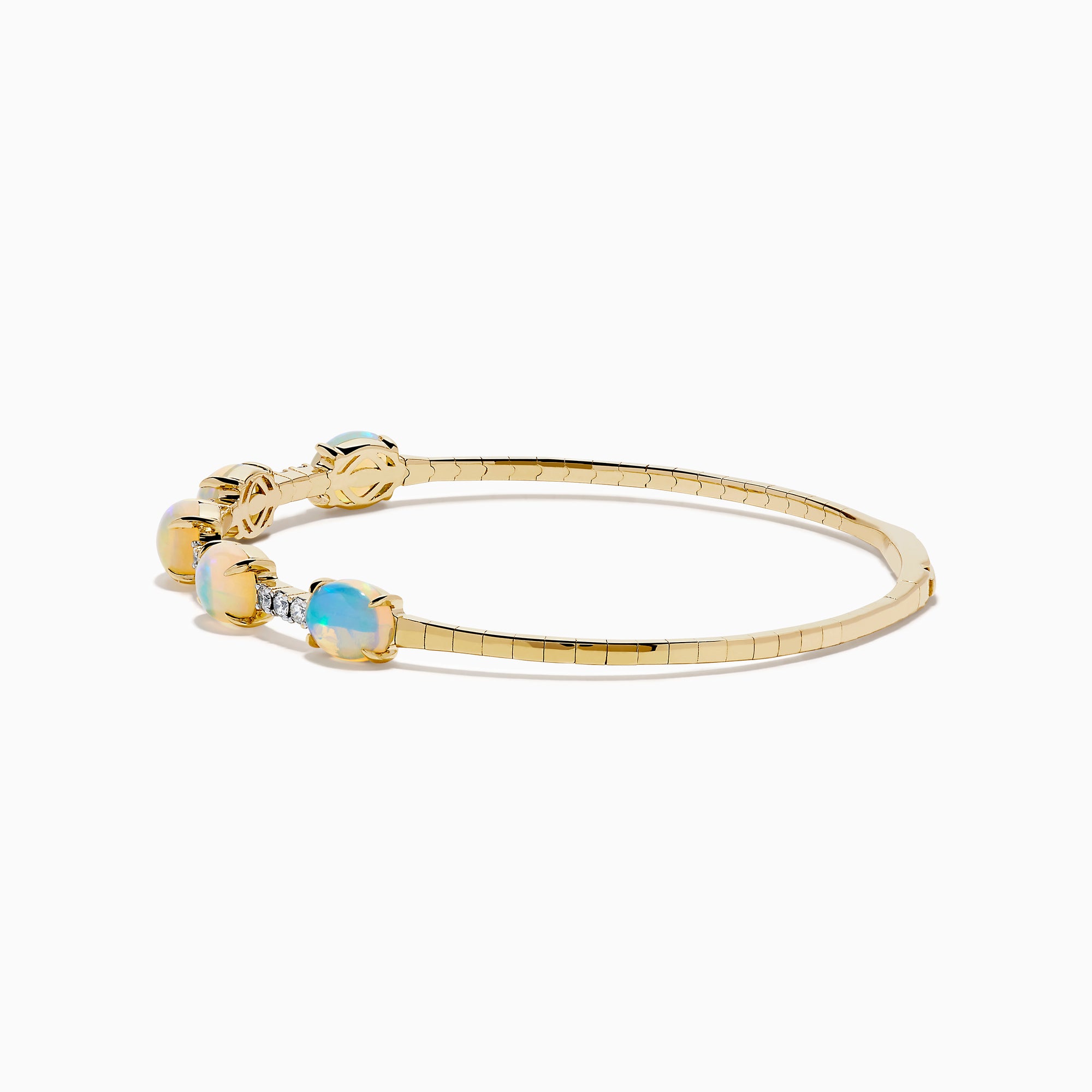 The Aurora 14K Yellow Gold Opal and Diamond Bangle features five square opals in a row, accented with small white diamonds between each stone, shown on a white background.