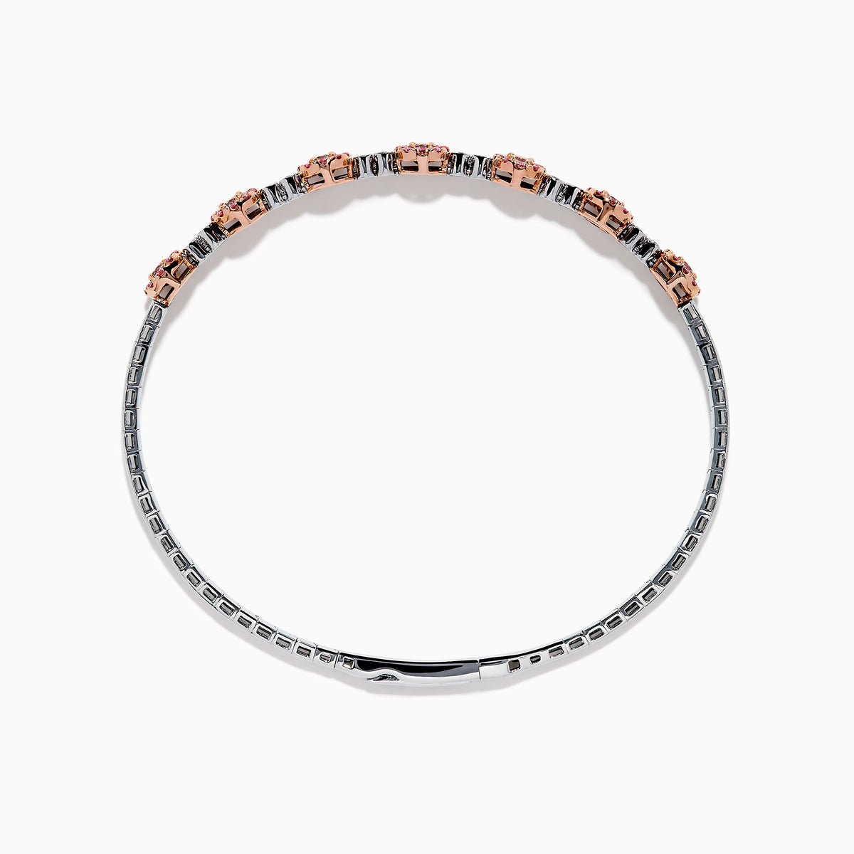 The 14K White and Rose Gold Light Pink and White Diamond Bangle features a sleek silver band with seven clusters of light pink diamonds, each separated by a small white gemstone.