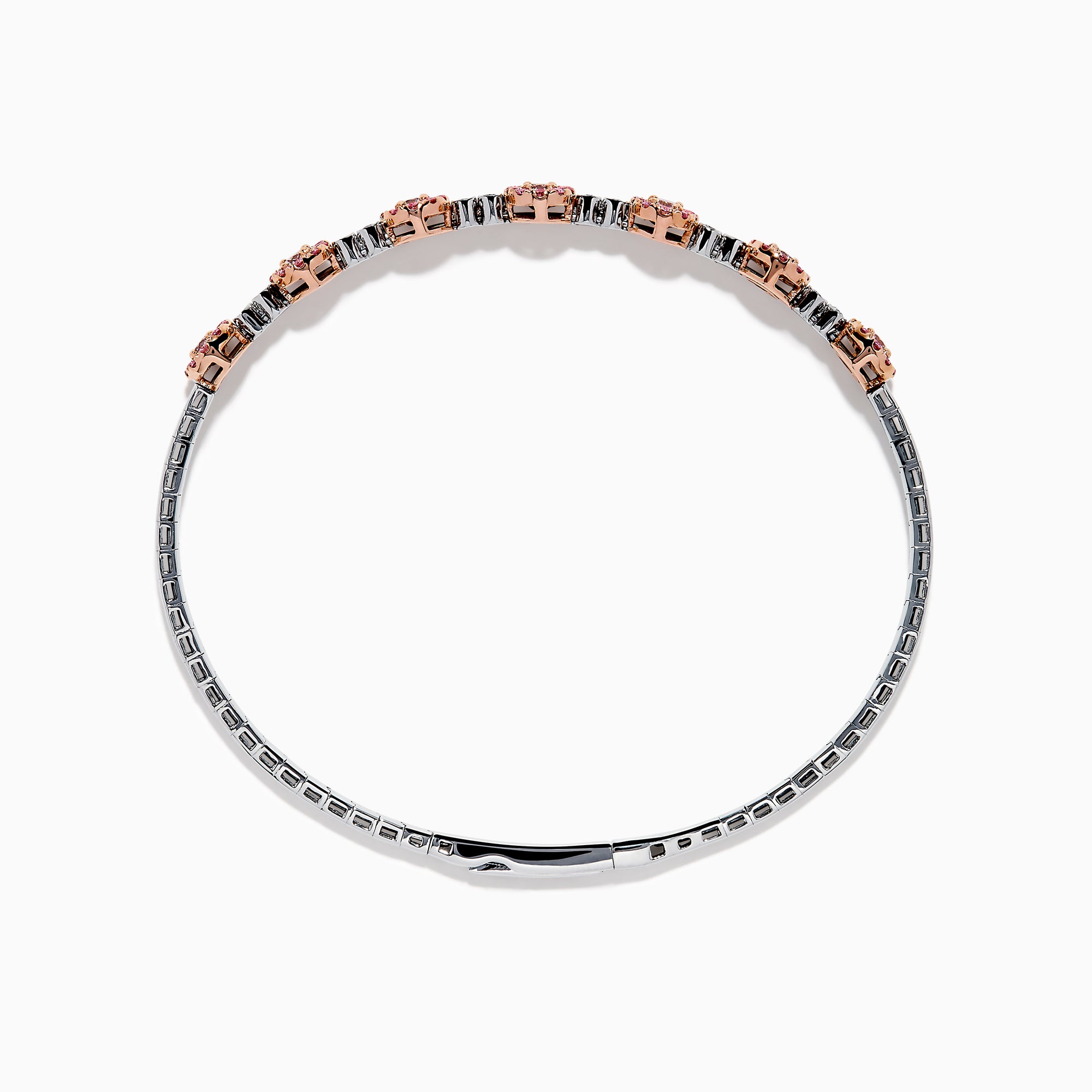 The 14K White and Rose Gold Light Pink and White Diamond Bangle features a sleek silver band with seven clusters of light pink diamonds, each separated by a small white gemstone.