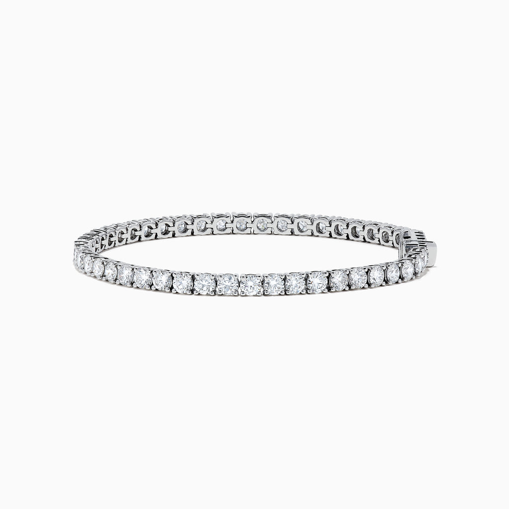 The 14K White Gold 7.00 Carat Lab Grown Diamond Tennis Bracelet features a continuous row of sparkling round-cut lab-grown diamonds, beautifully showcased against a plain white background.