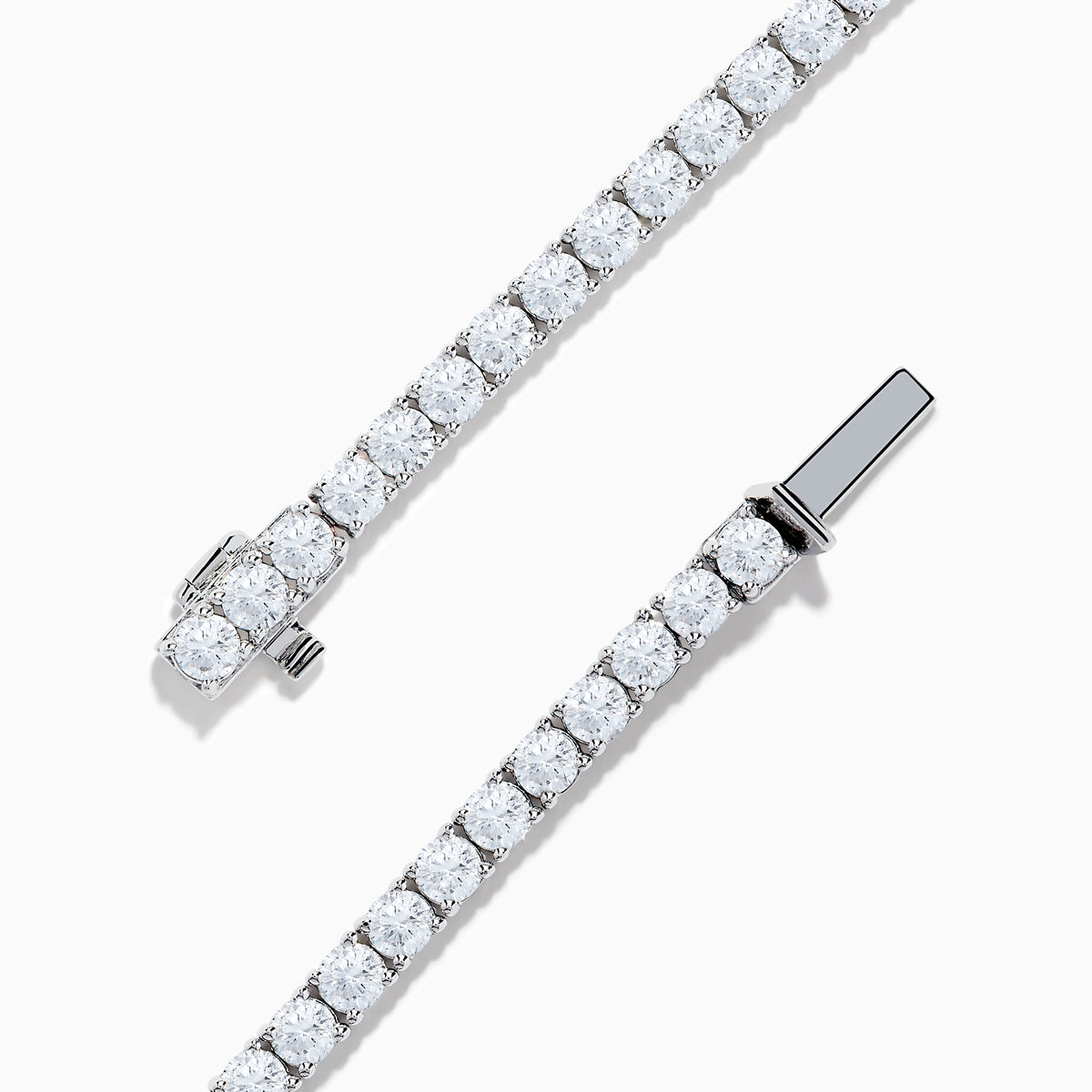 The 14K White Gold 7.00 Carat Lab Grown Diamond Tennis Bracelet features a continuous row of sparkling round-cut lab-grown diamonds, beautifully showcased against a plain white background.