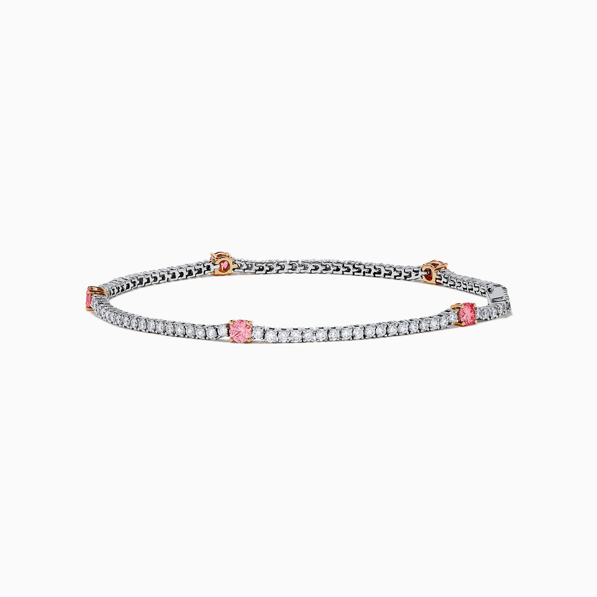 The Lab Grown Pink and White Diamond Tennis Station Bracelet in 14K White Gold features a slim band with sparkling clear stones and three larger pink and white diamonds in rose gold accents, beautifully displayed on a white background.