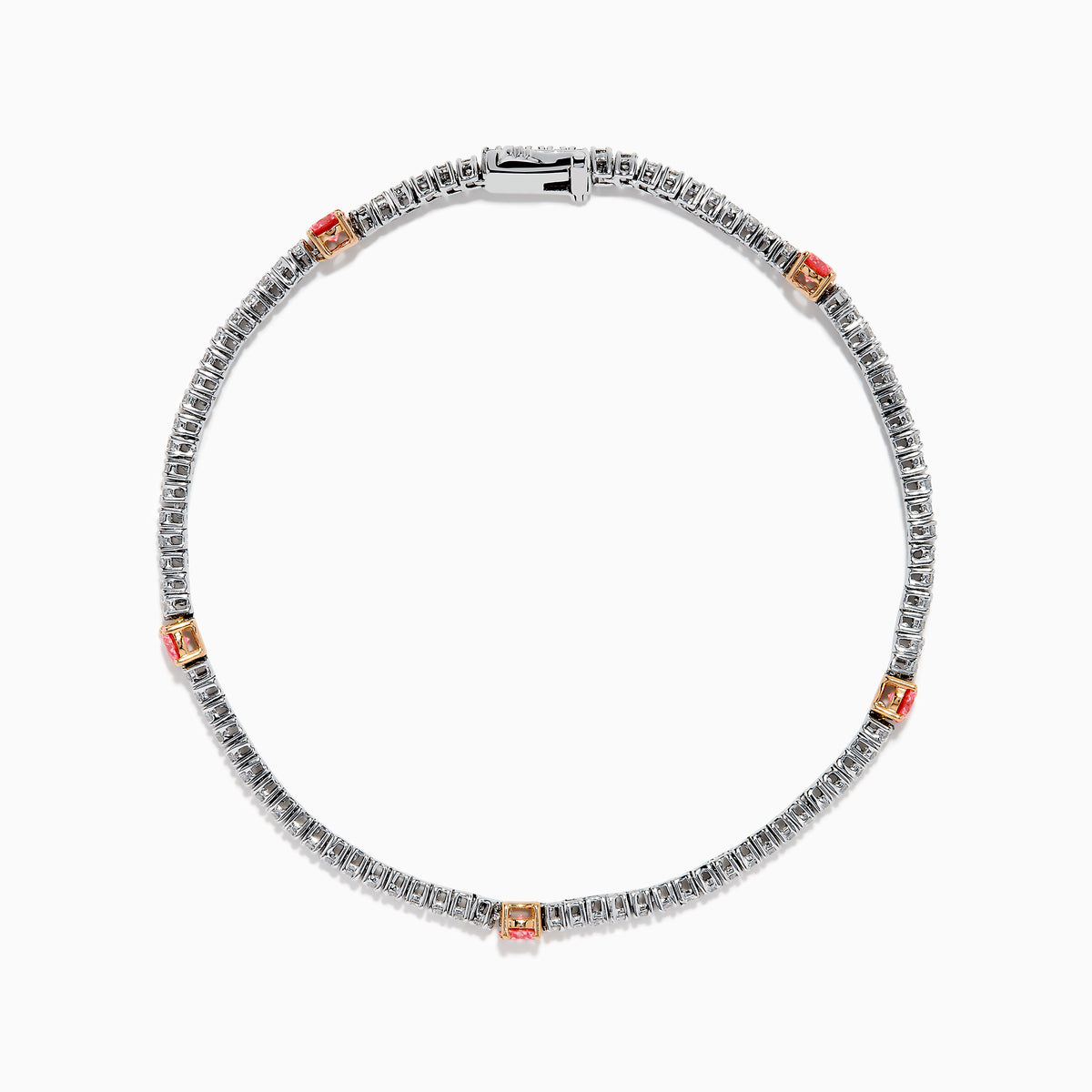 The Lab Grown Pink and White Diamond Tennis Station Bracelet in 14K White Gold features a slim band with sparkling clear stones and three larger pink and white diamonds in rose gold accents, beautifully displayed on a white background.