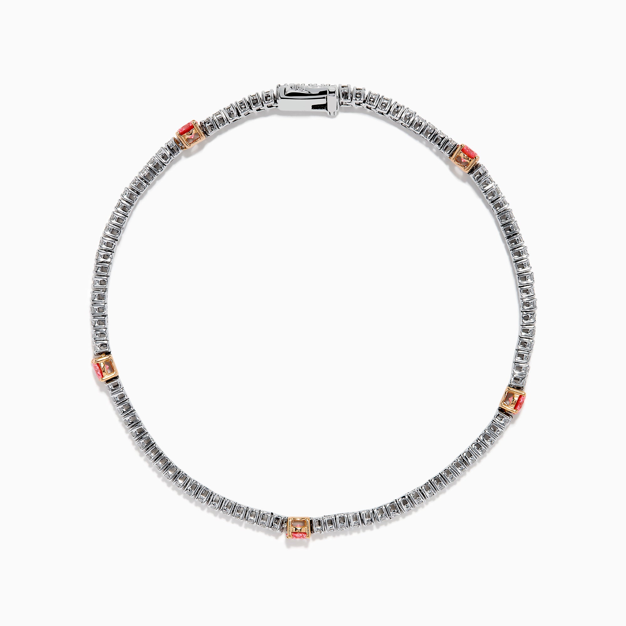 The Lab Grown Pink and White Diamond Tennis Station Bracelet in 14K White Gold features a slim band with sparkling clear stones and three larger pink and white diamonds in rose gold accents, beautifully displayed on a white background.