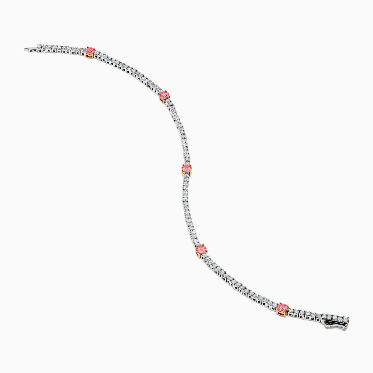 The Lab Grown Pink and White Diamond Tennis Station Bracelet in 14K White Gold features a slim band with sparkling clear stones and three larger pink and white diamonds in rose gold accents, beautifully displayed on a white background.