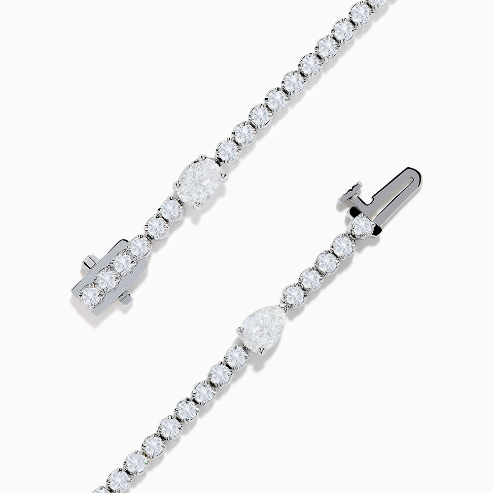 The Lab Grown Diamond Tennis Bracelet in 14K White Gold features a row of round and marquise-cut stones set in a continuous line, creating an elegant and timeless look.