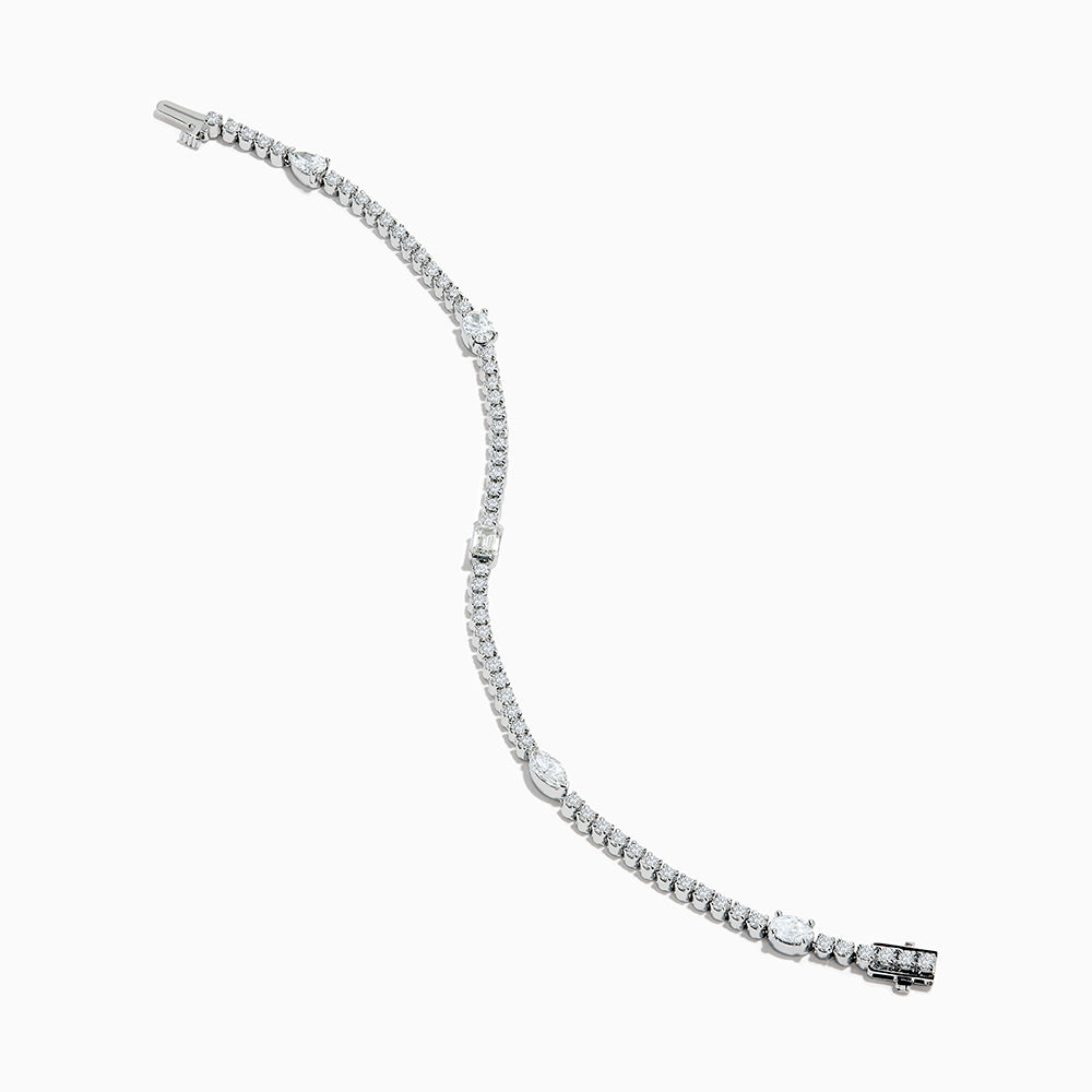 The Lab Grown Diamond Tennis Bracelet in 14K White Gold features a row of round and marquise-cut stones set in a continuous line, creating an elegant and timeless look.