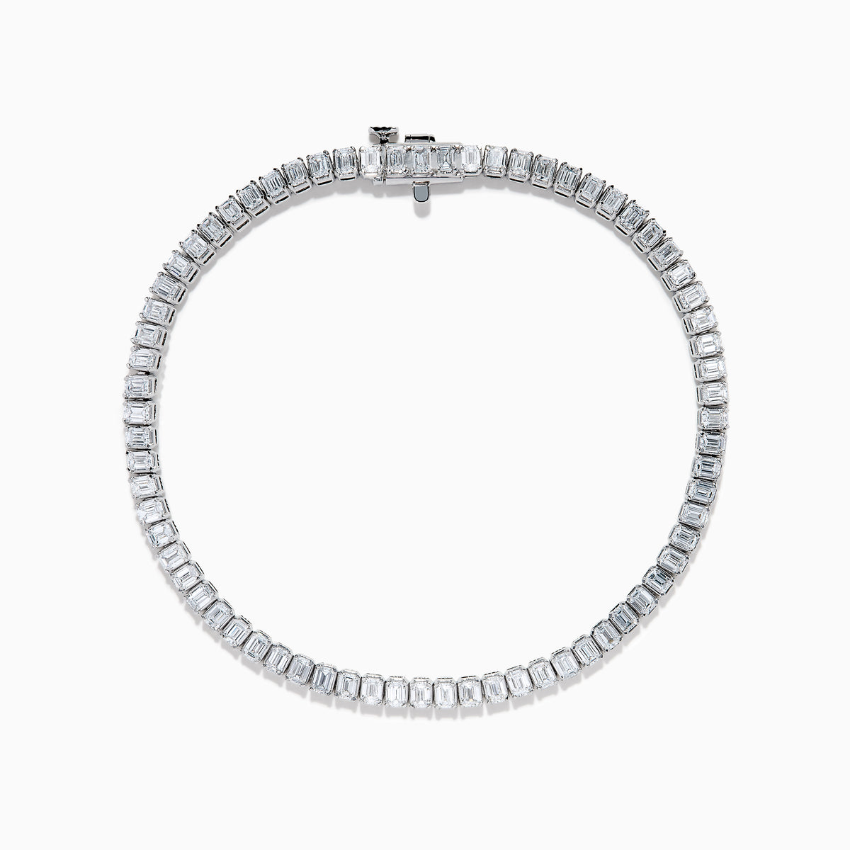 The Lab Grown Emerald Cut Diamond 4.26ct Tennis Bracelet in 14K White Gold features a single row of lab grown diamonds, set in a sleek white gold band and showcased on a plain white background.