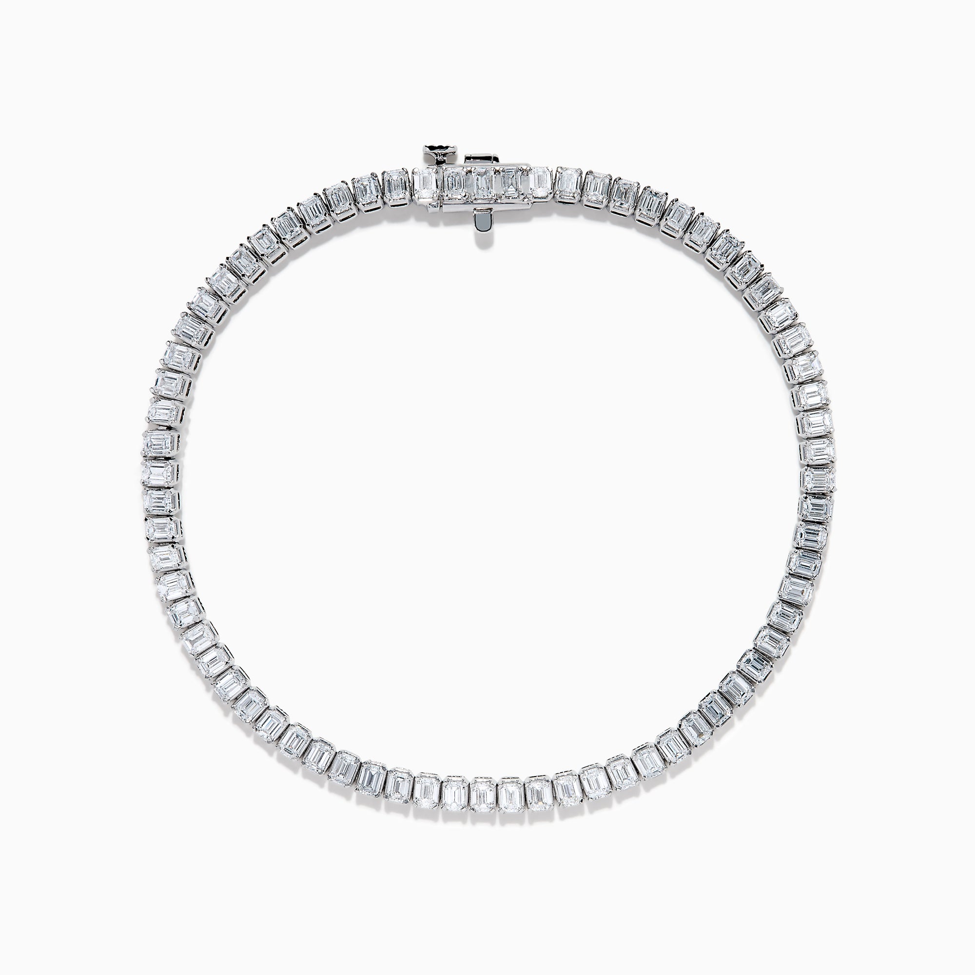 The Lab Grown Emerald Cut Diamond 4.26ct Tennis Bracelet in 14K White Gold features a single row of lab grown diamonds, set in a sleek white gold band and showcased on a plain white background.