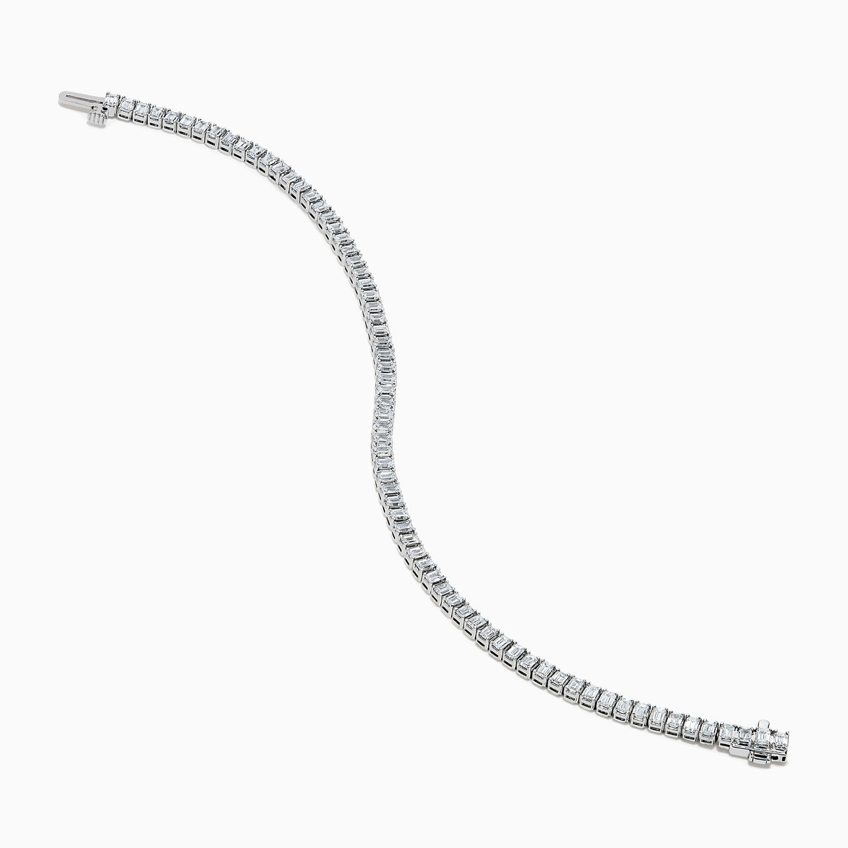 The Lab Grown Emerald Cut Diamond 4.26ct Tennis Bracelet in 14K White Gold features a single row of lab grown diamonds, set in a sleek white gold band and showcased on a plain white background.
