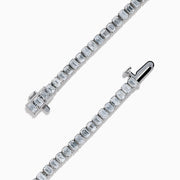 The Lab Grown Emerald Cut Diamond 4.26ct Tennis Bracelet in 14K White Gold features a single row of lab grown diamonds, set in a sleek white gold band and showcased on a plain white background.
