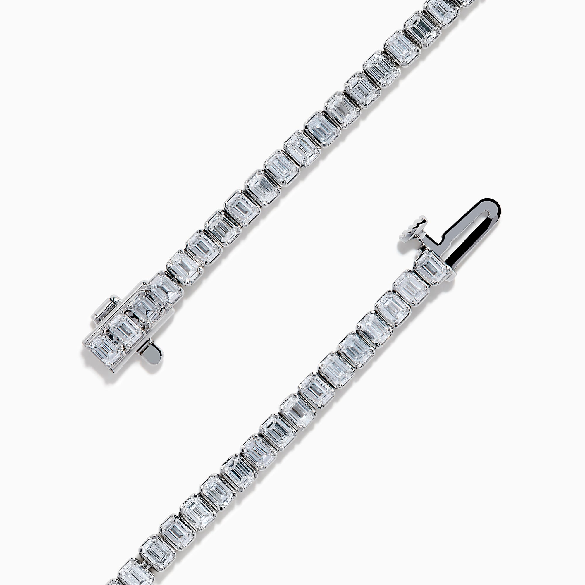 The Lab Grown Emerald Cut Diamond 4.26ct Tennis Bracelet in 14K White Gold features a single row of lab grown diamonds, set in a sleek white gold band and showcased on a plain white background.