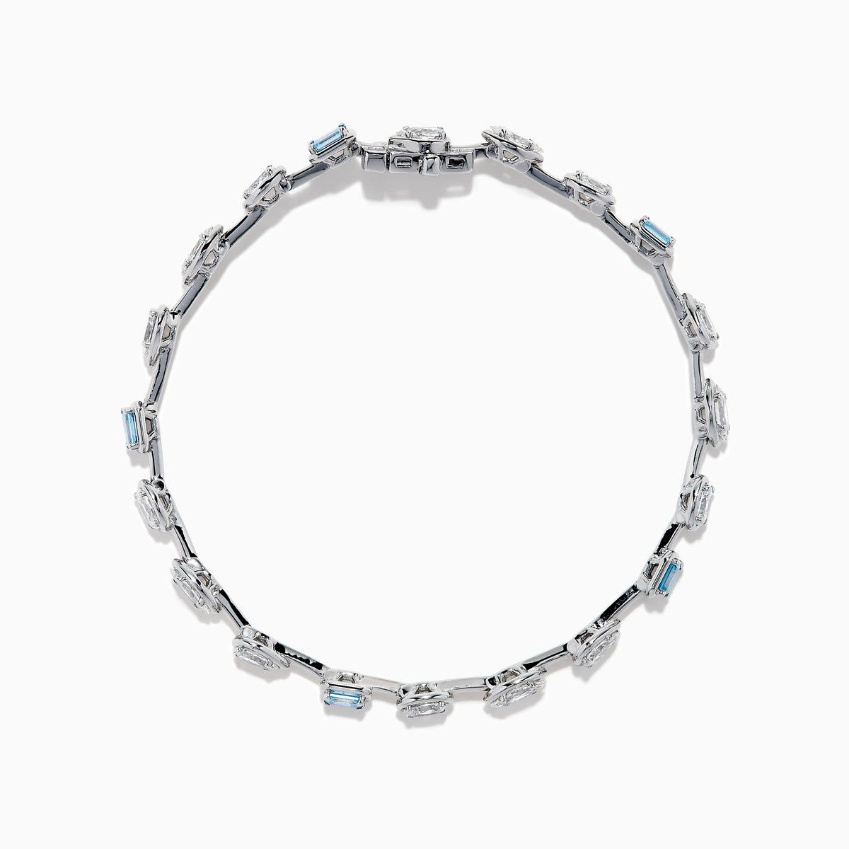The Lab Grown Blue and White Diamond Multi Shape Tennis Bracelet in 14K White Gold showcases alternating oval, round, and emerald-cut lab-grown blue and white diamonds against a white background.