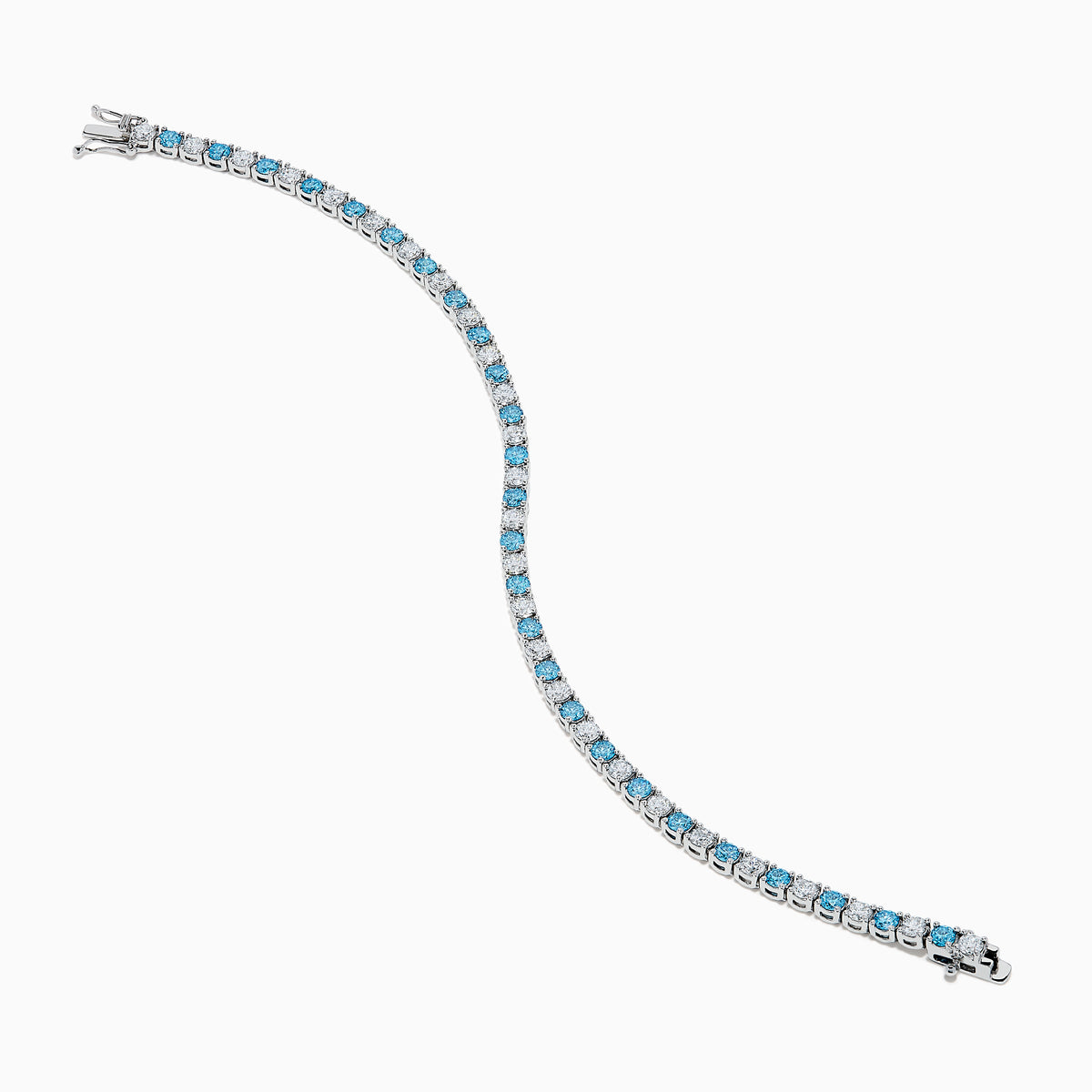 The Lab Grown Blue and White Diamond Tennis Bracelet in 14K White Gold features alternating round blue and white diamonds set in a continuous line, shown against a white background.